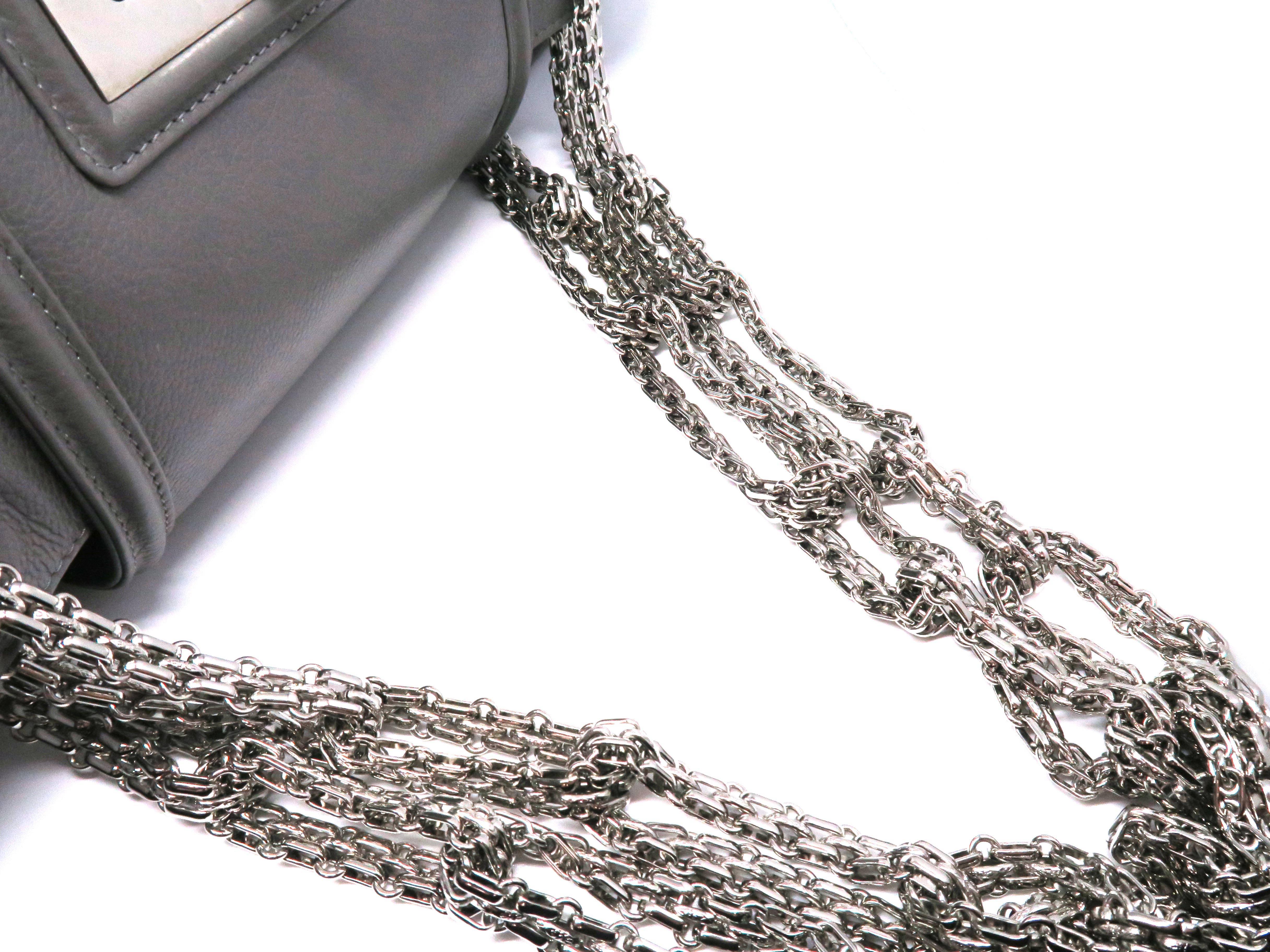 Chanel Grey Calfskin Leather Silver Metal Chain Shoulder Bag For Sale 6