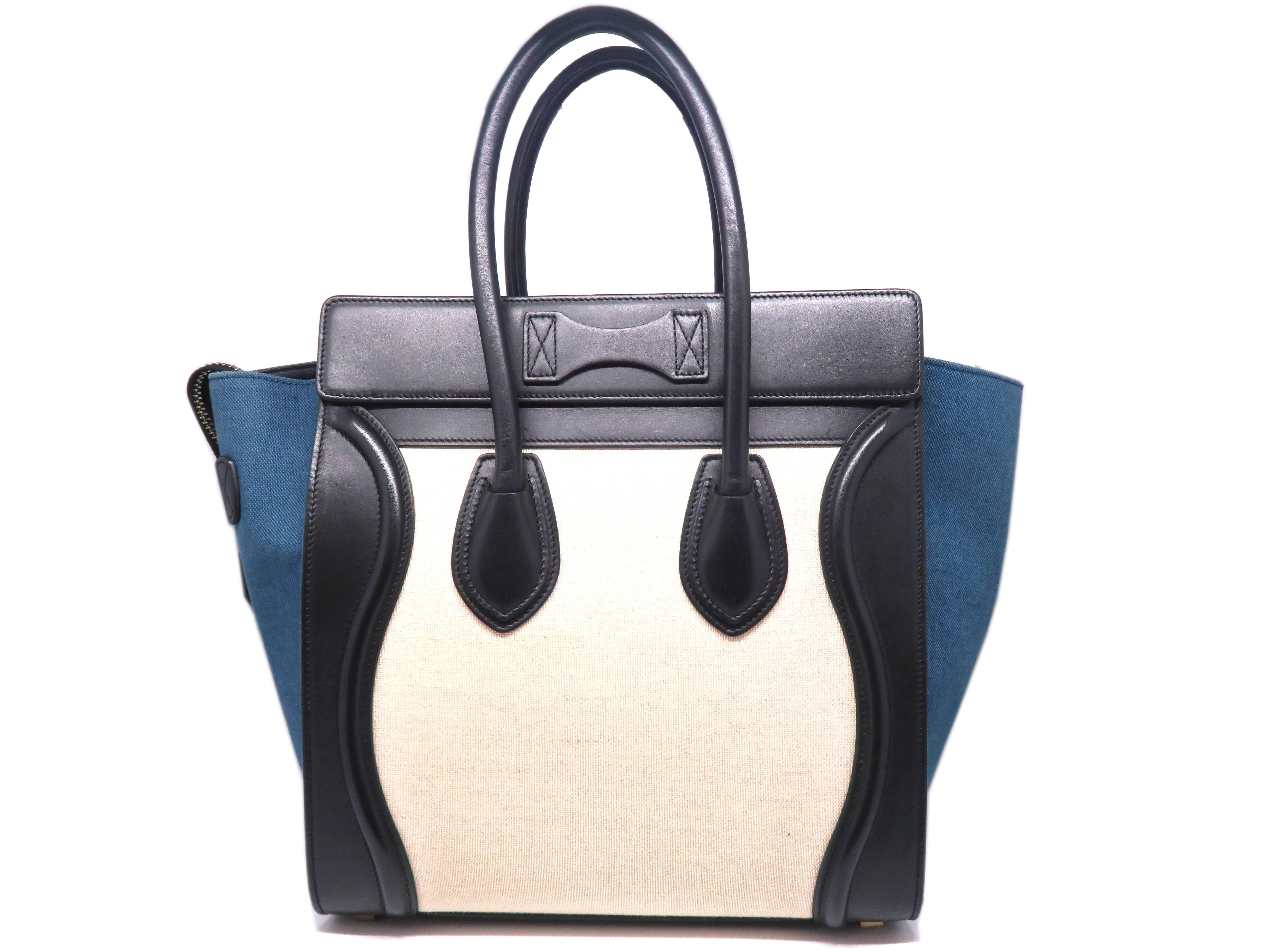 Celine Lugguage Black/ Beige Calfskin Leather Handbag In Excellent Condition For Sale In Kowloon, HK