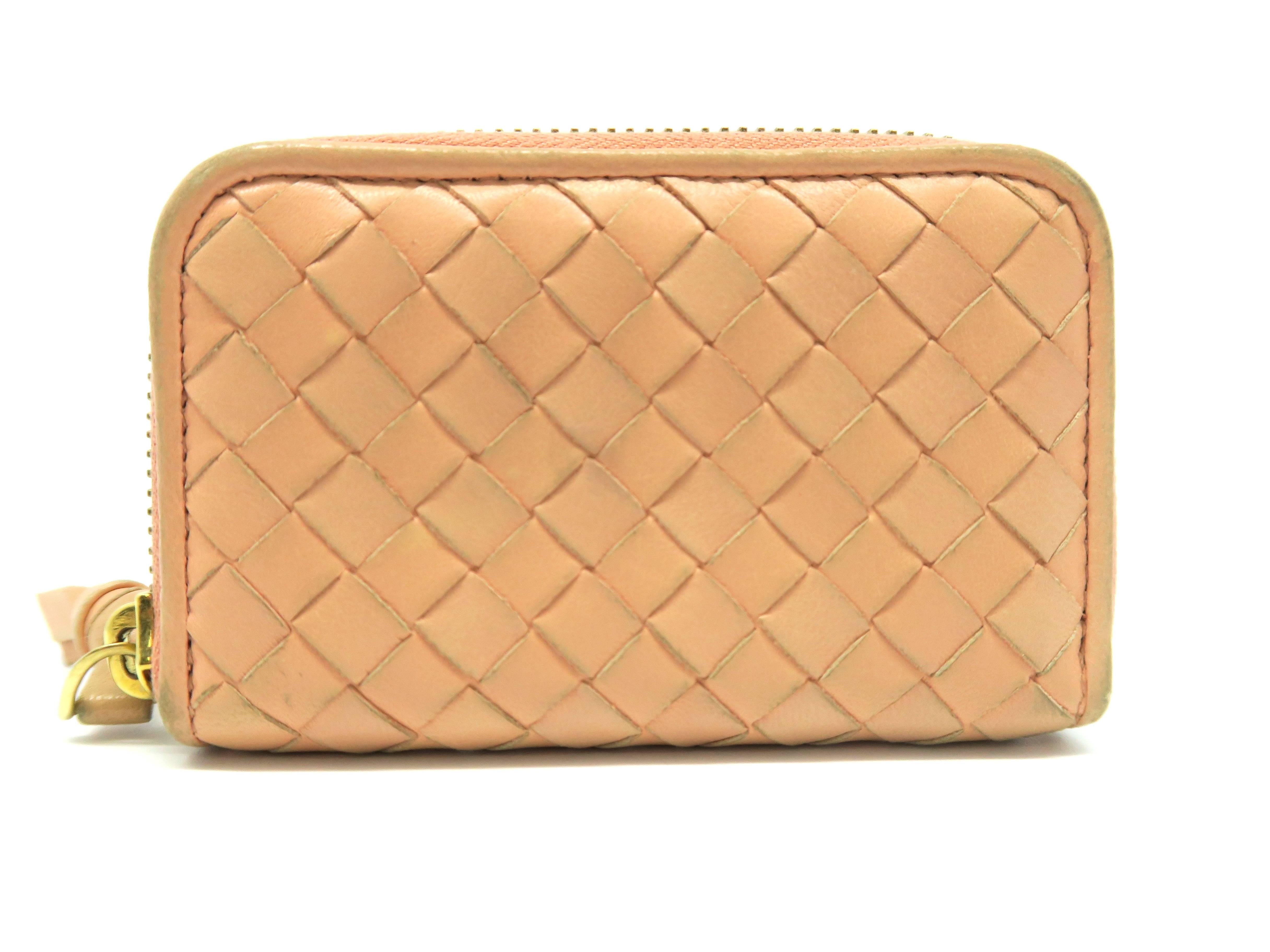 Beige Bottega Veneta Pink Intrecciato Leather Coin Case For Sale