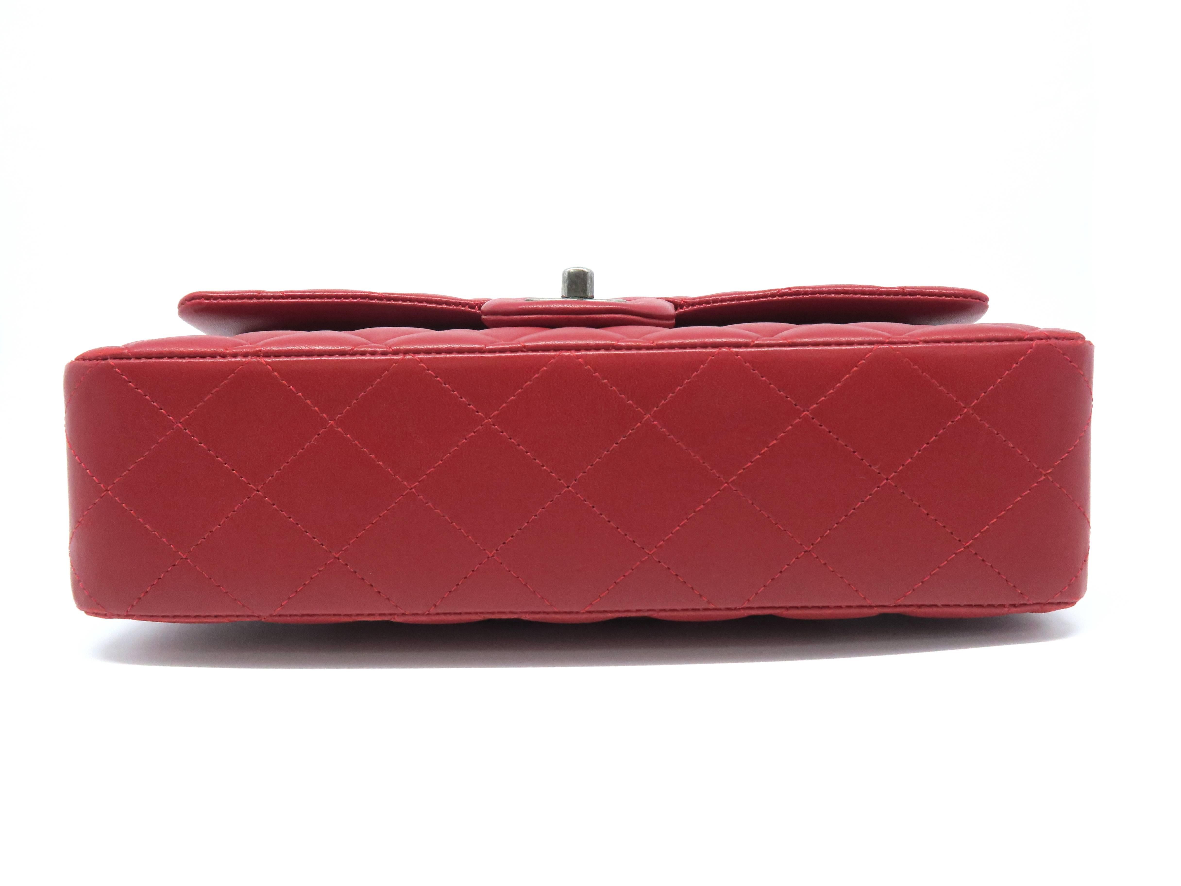 Chanel Classic Double Flap Red Lambskin Leather Silver Metal Shoulder Bag In Good Condition In Kowloon, HK