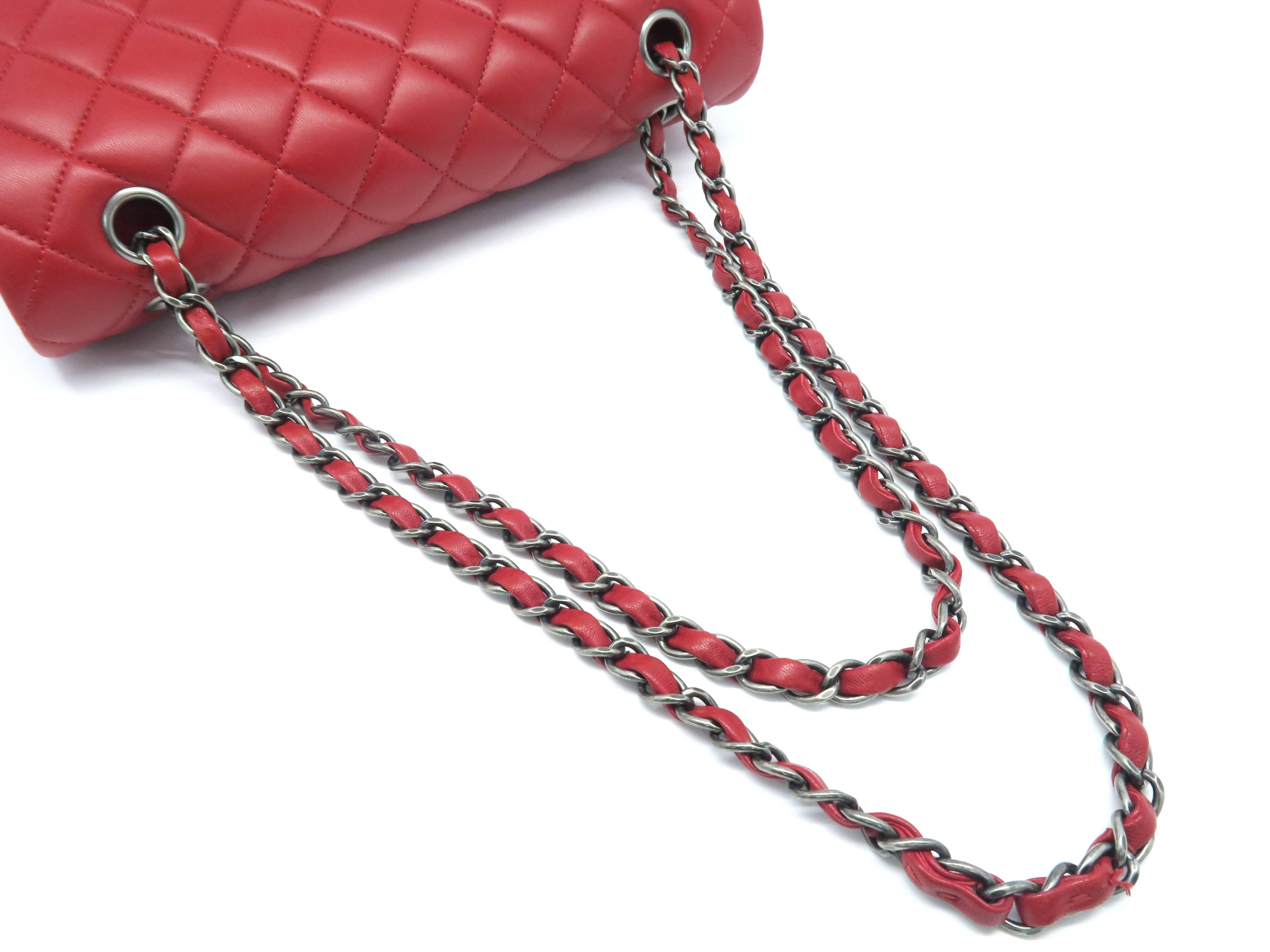 Chanel Classic Double Flap Red Lambskin Leather Silver Metal Shoulder Bag 2