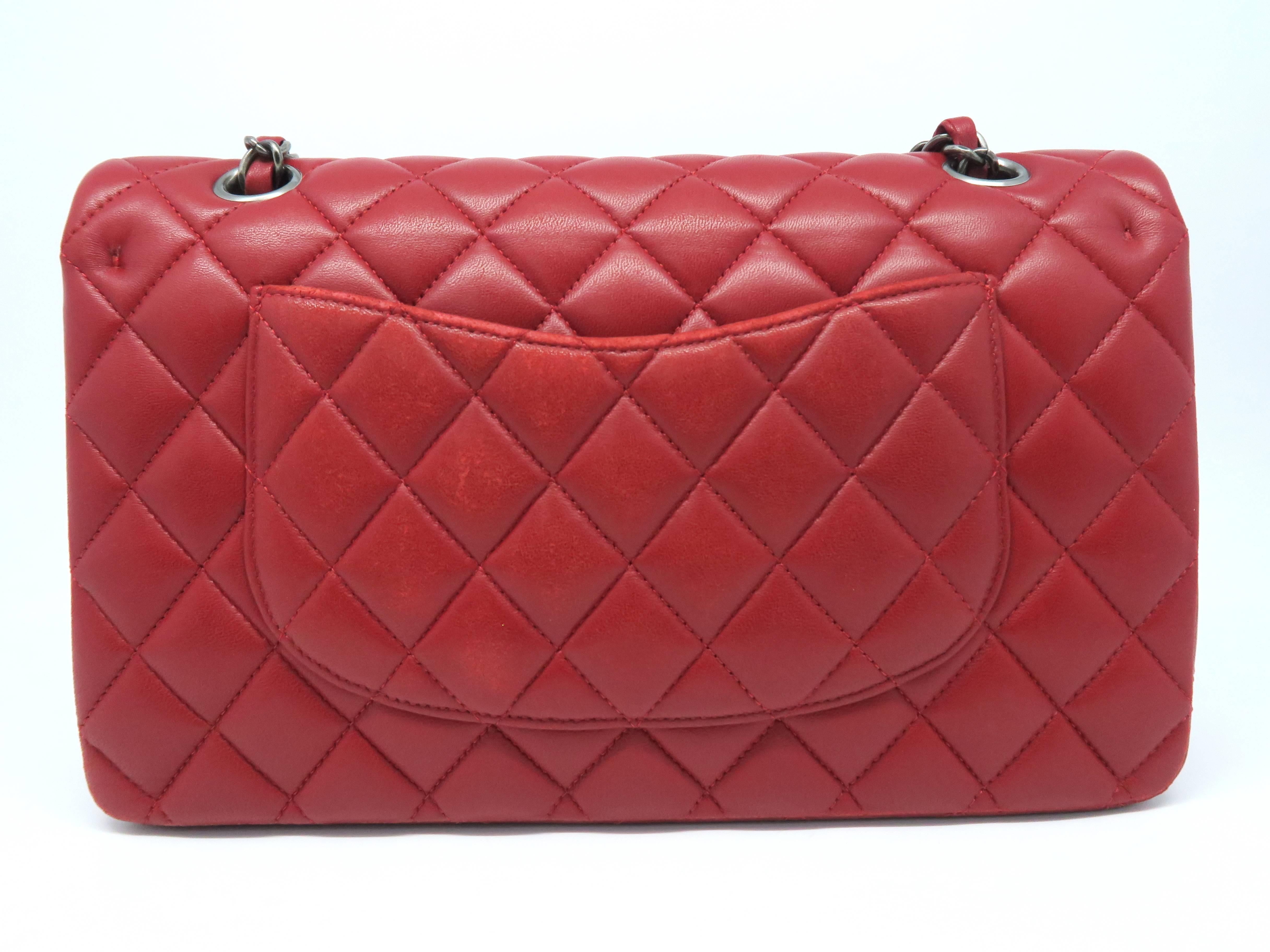 Pink Chanel Classic Double Flap Red Lambskin Leather Silver Metal Shoulder Bag