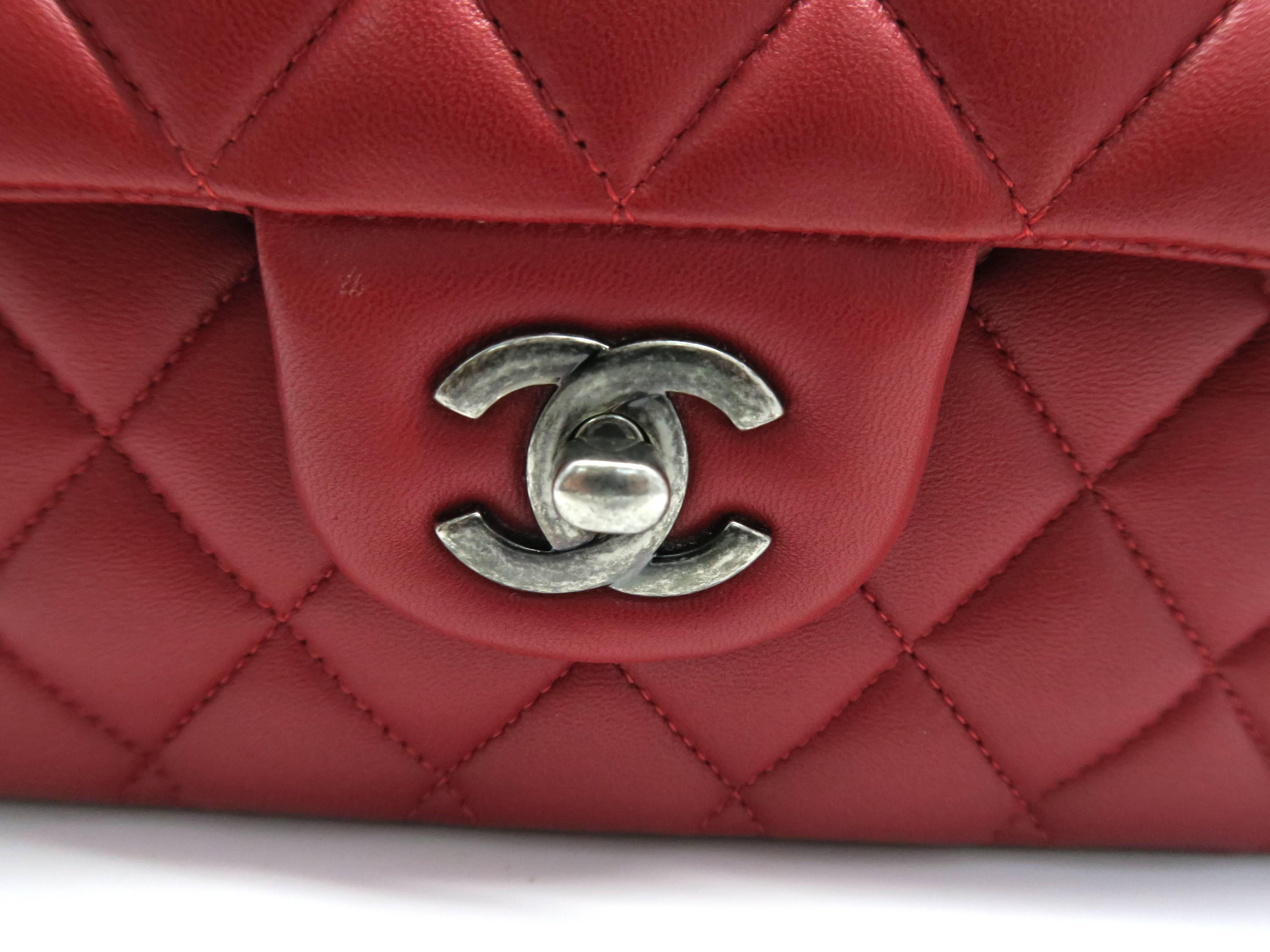 Chanel Classic Double Flap Red Lambskin Leather Silver Metal Shoulder Bag 4