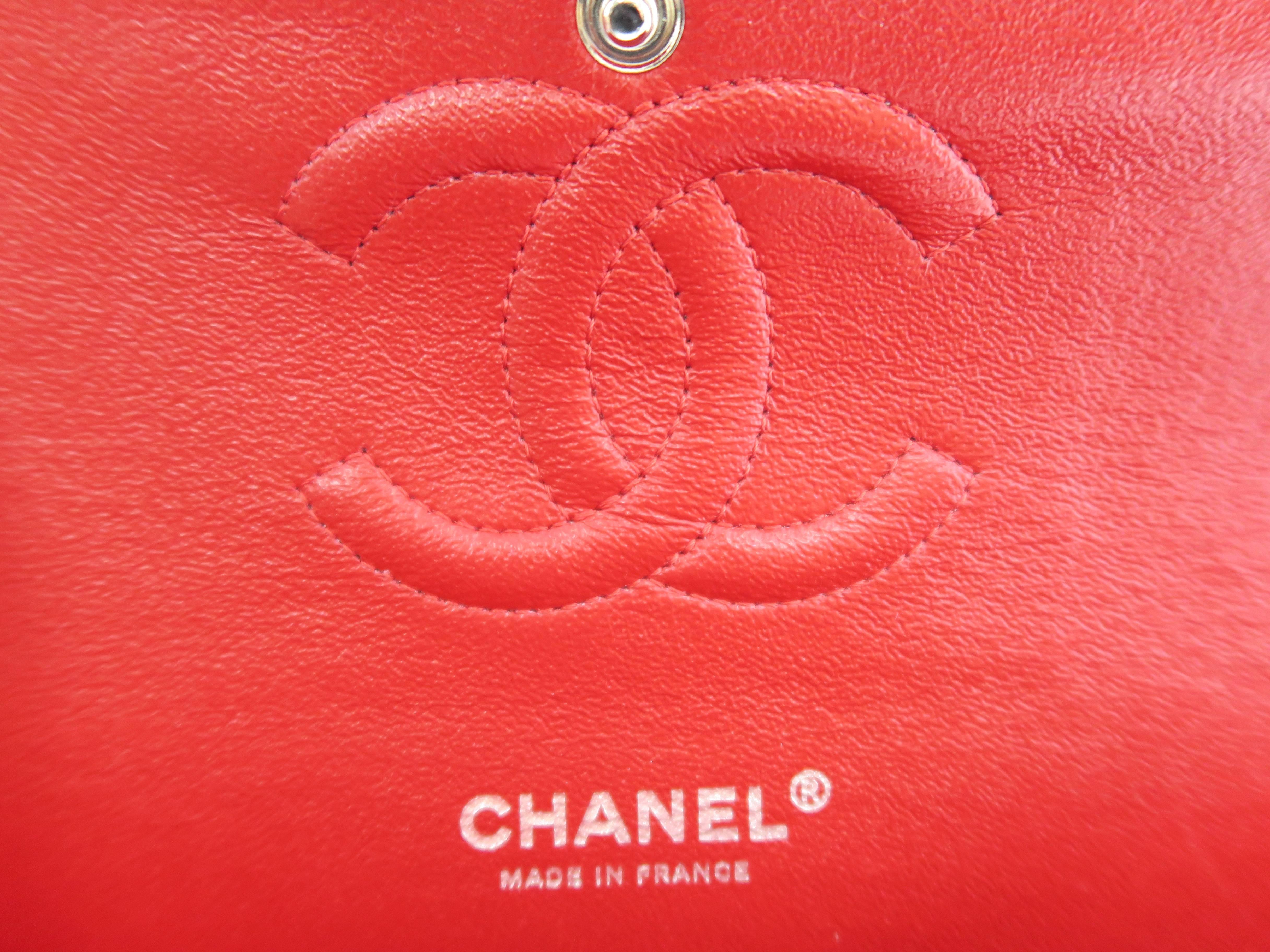 Chanel Classic Double Flap Red Lambskin Leather Silver Metal Shoulder Bag 5