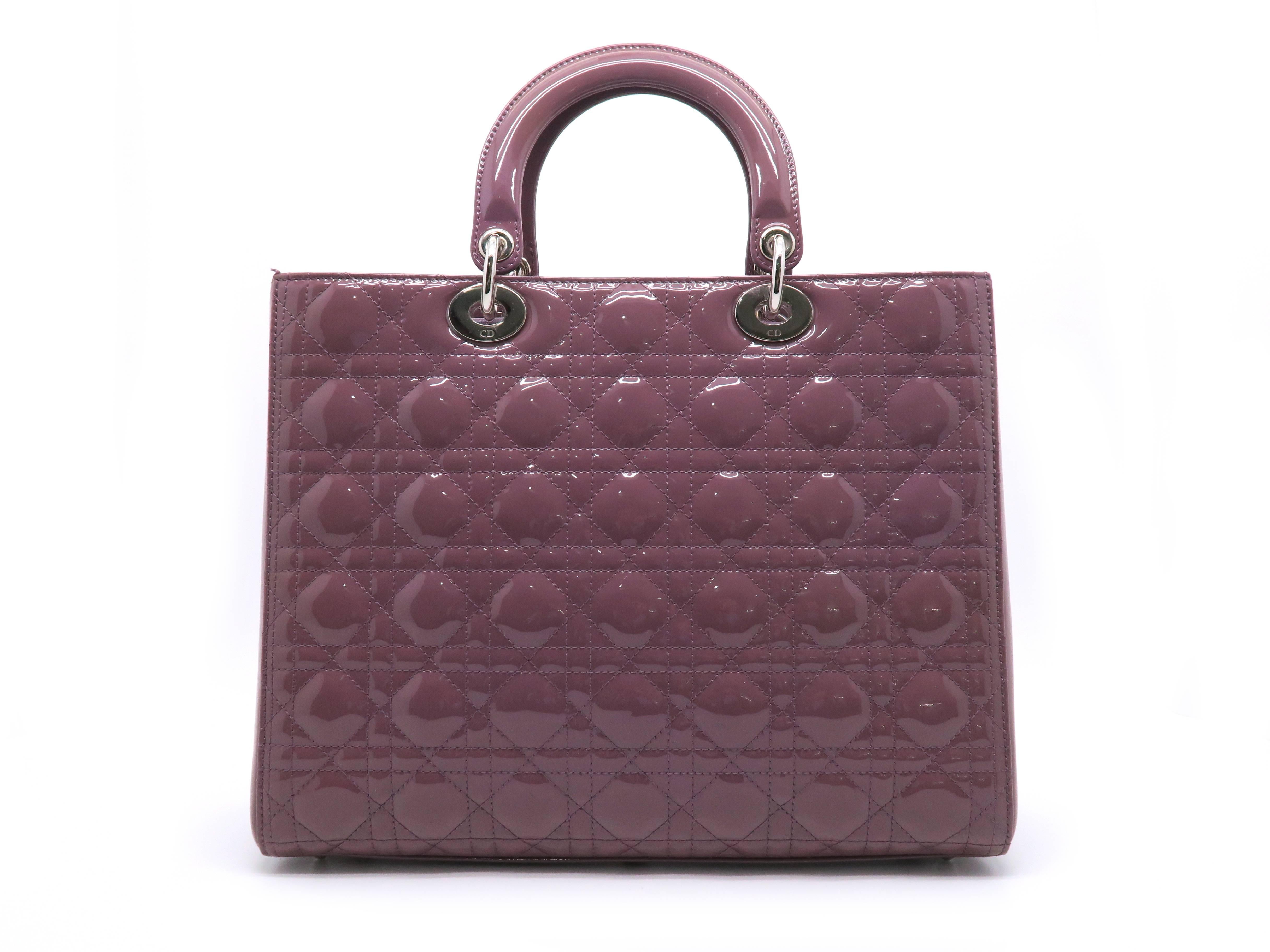 Gray Christian Dior Lady Dior Pale Purple Quilted Patent Leather Satchel