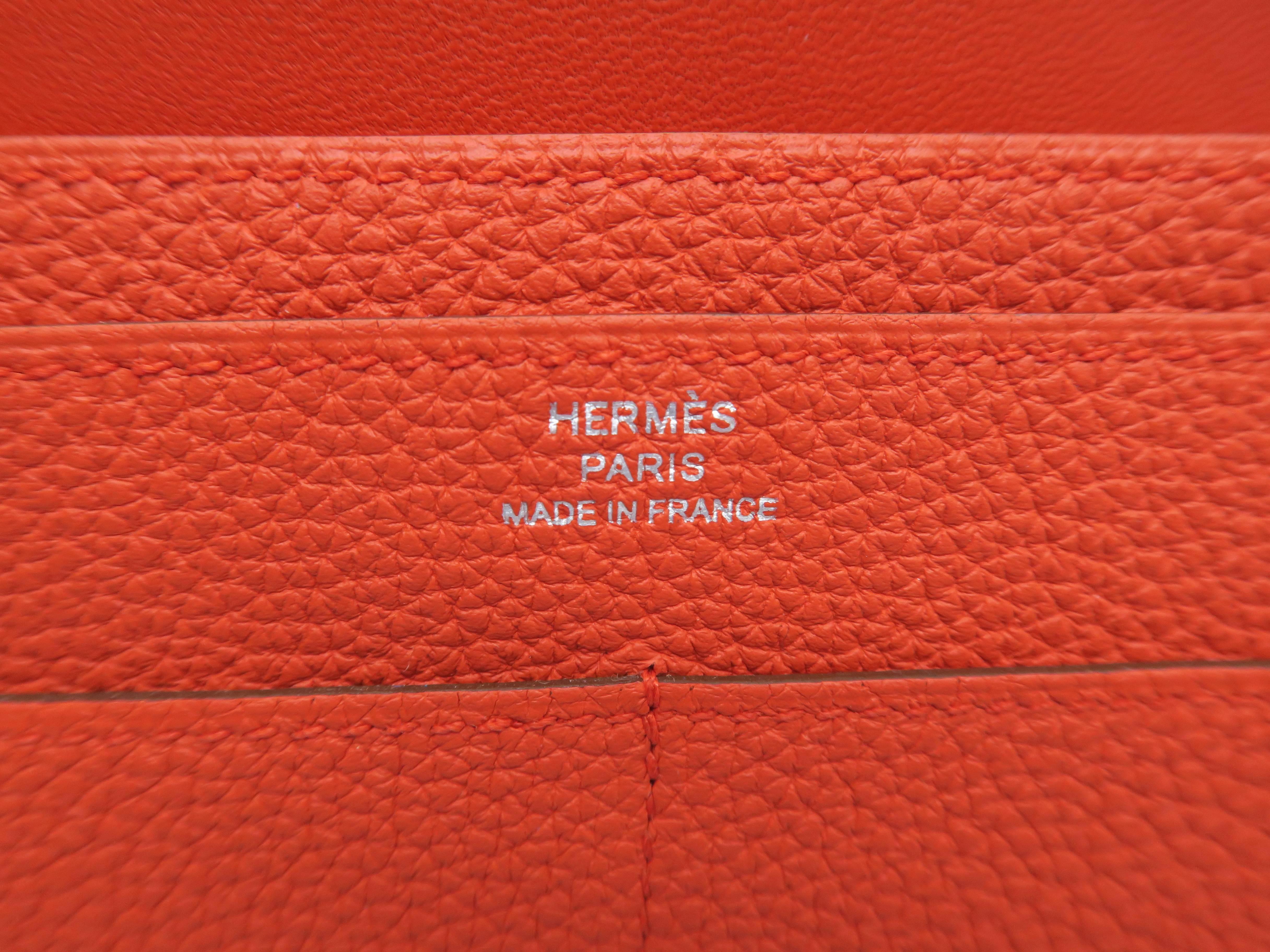 Hermes Dogon GM Orange / Capucine Togo Leather SHW Long Wallet For Sale 2