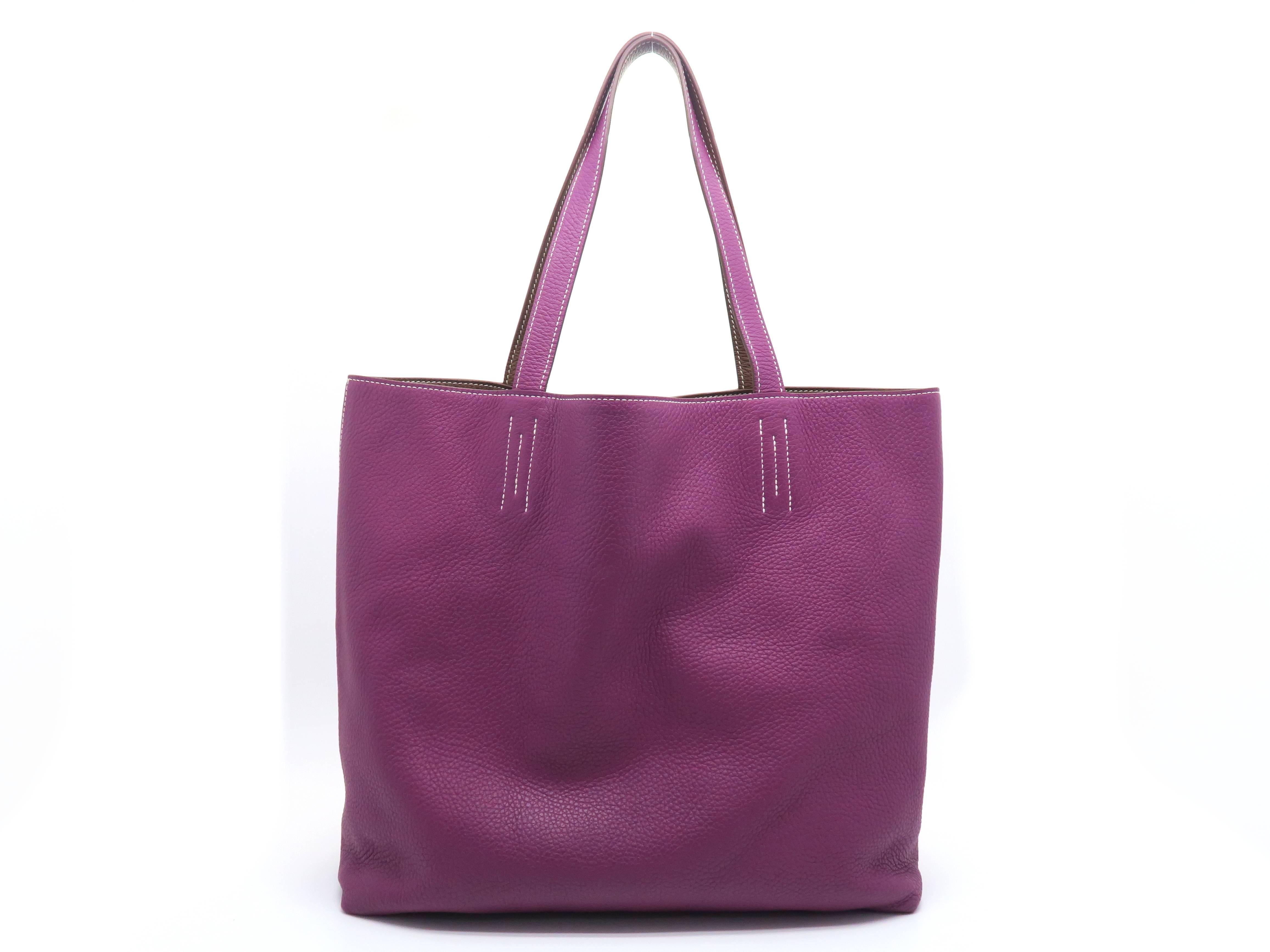 Hermes Double Sens Reversible Purple Brown/Tosca Gold Clemence Leather Tote Bag In Excellent Condition In Kowloon, HK