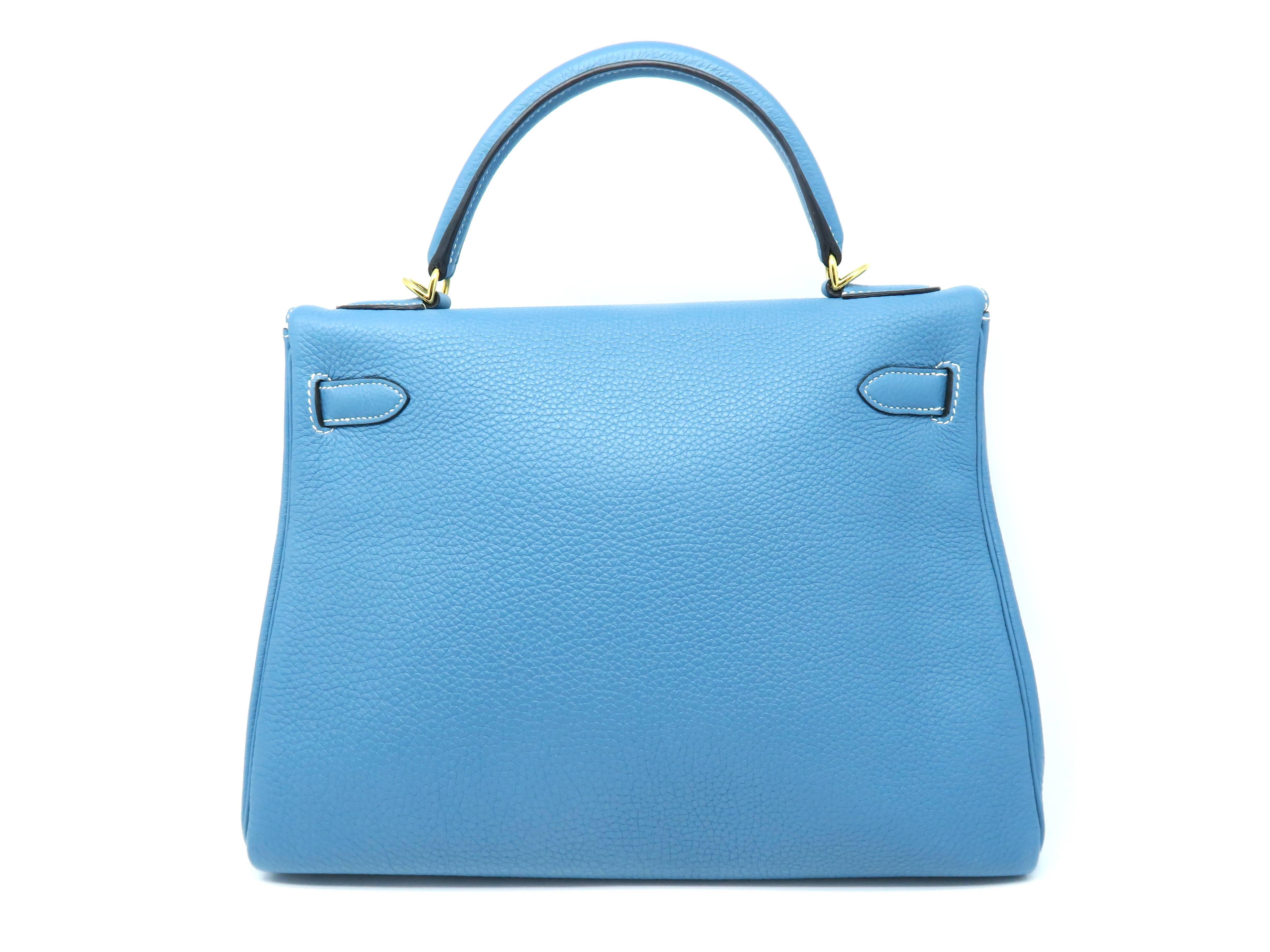 Hermes Kelly 32 Blue / Bleu Jean Togo Leather Satchel Bag In Excellent Condition In Kowloon, HK