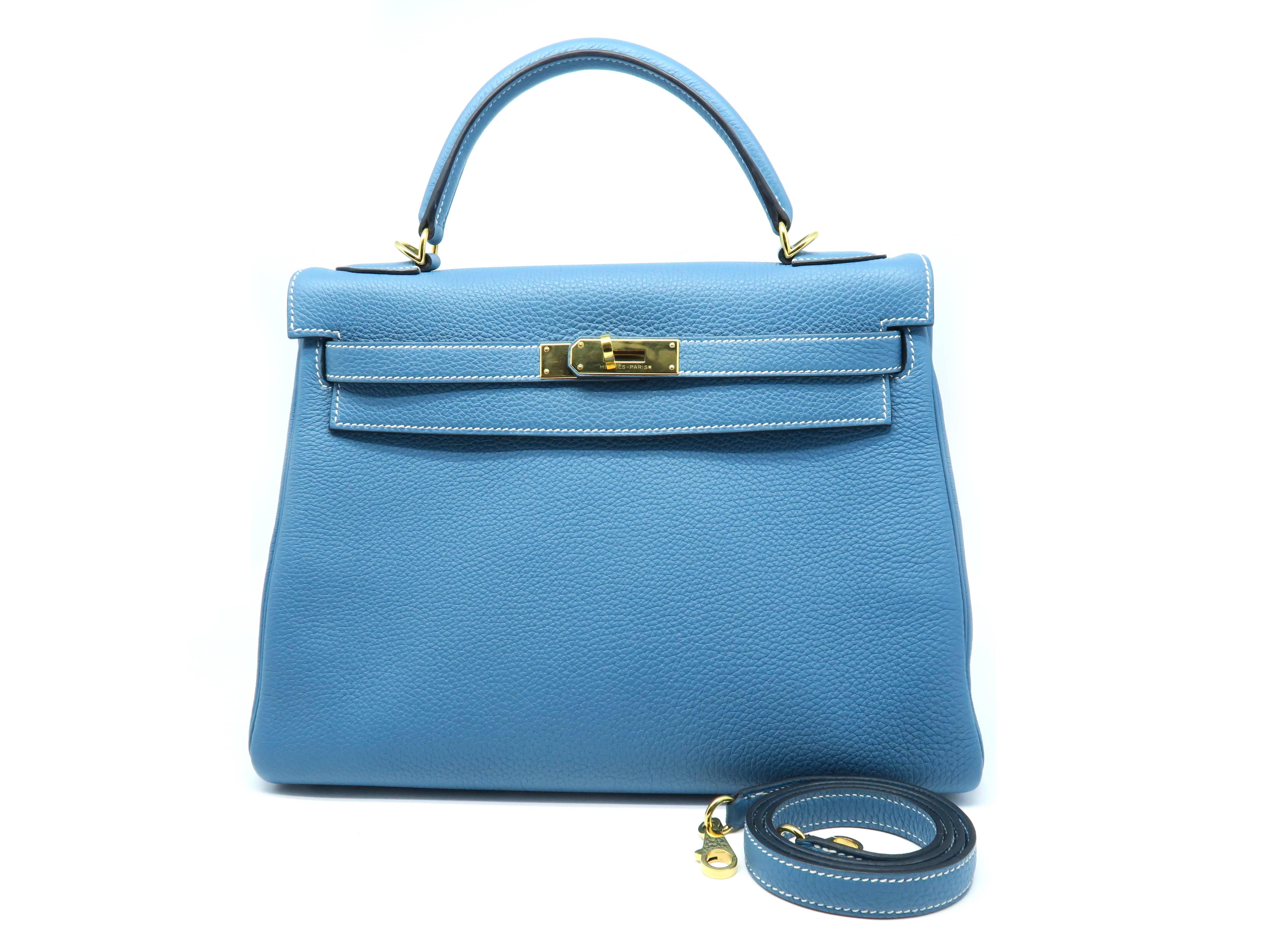 Hermes Kelly 32 Blue / Bleu Jean Togo Leather Satchel Bag 4