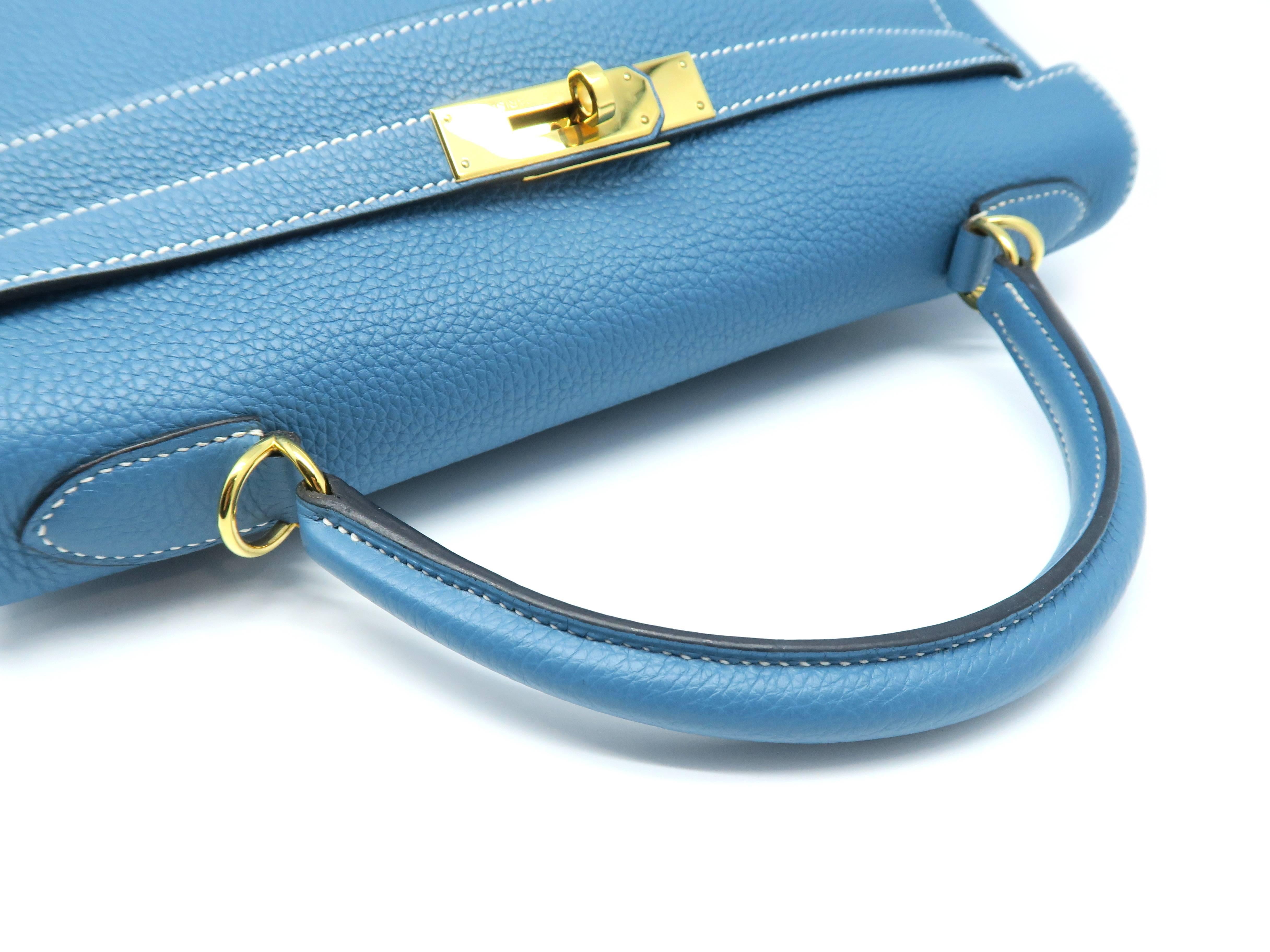 Hermes Kelly 32 Blue / Bleu Jean Togo Leather Satchel Bag 5