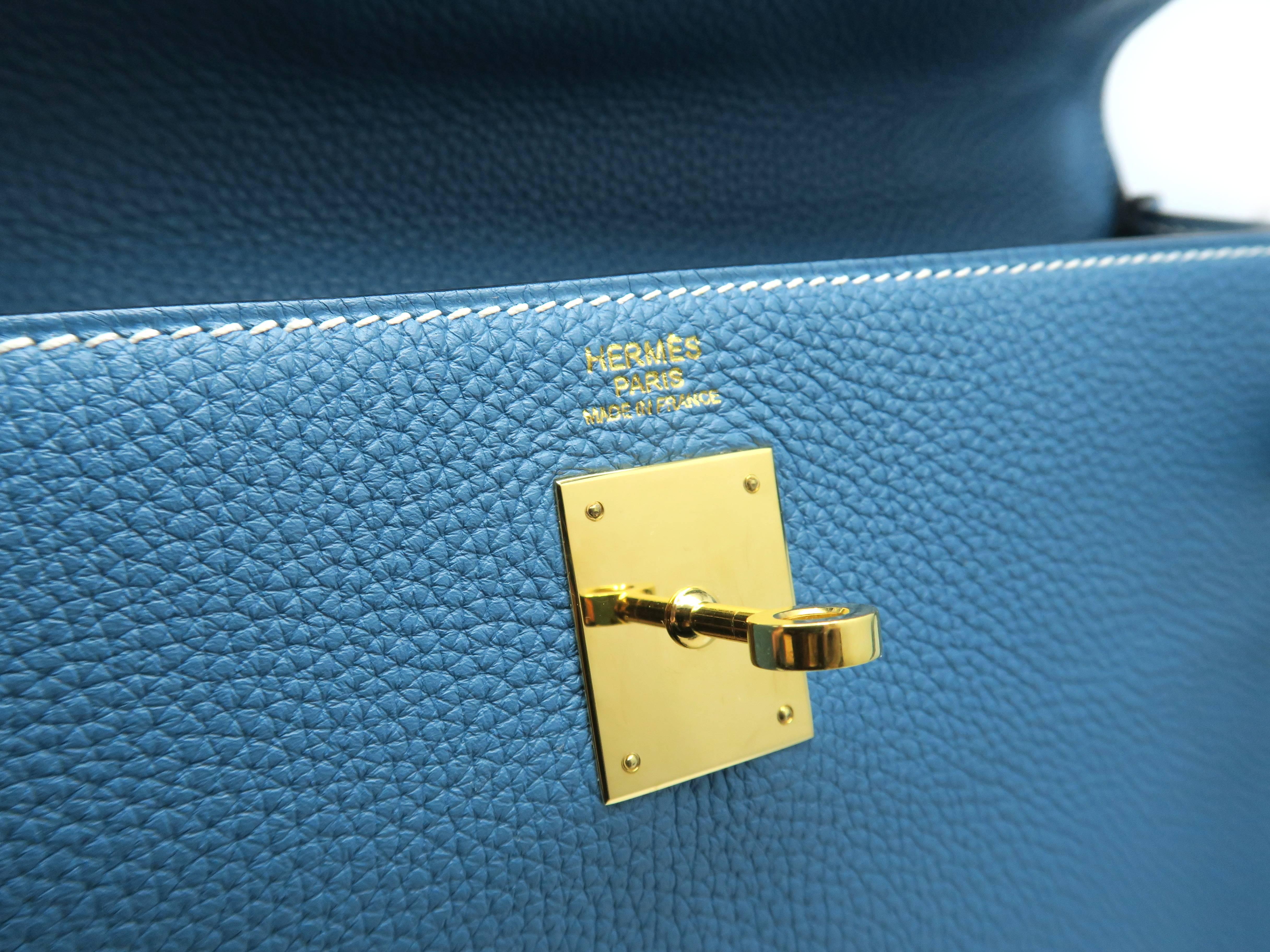 Hermes Kelly 32 Blue / Bleu Jean Togo Leather Satchel Bag 6