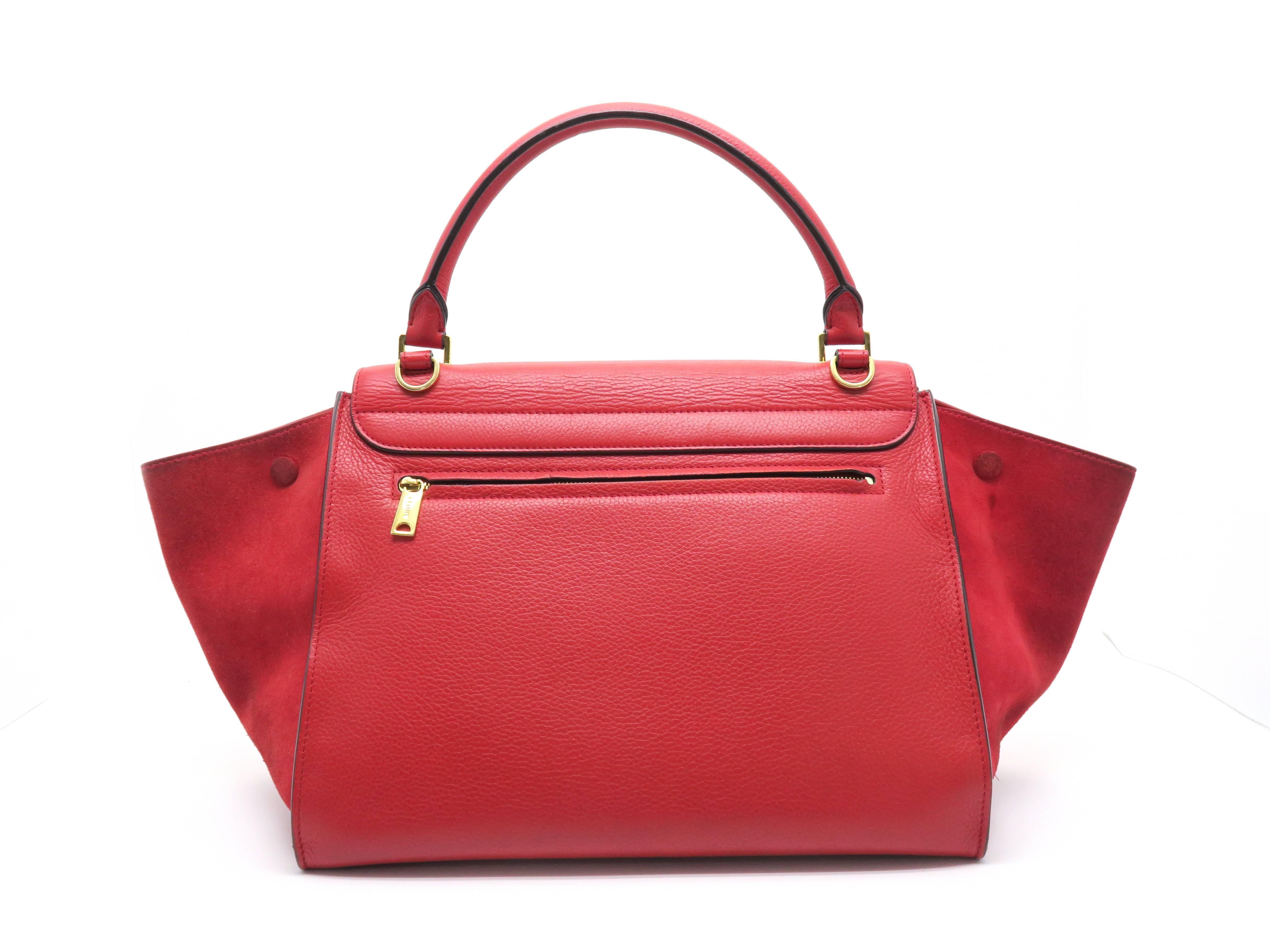 Celine Trapeze Red Calfskin Leather Suede Leather Satchel Bag In Good Condition In Kowloon, HK