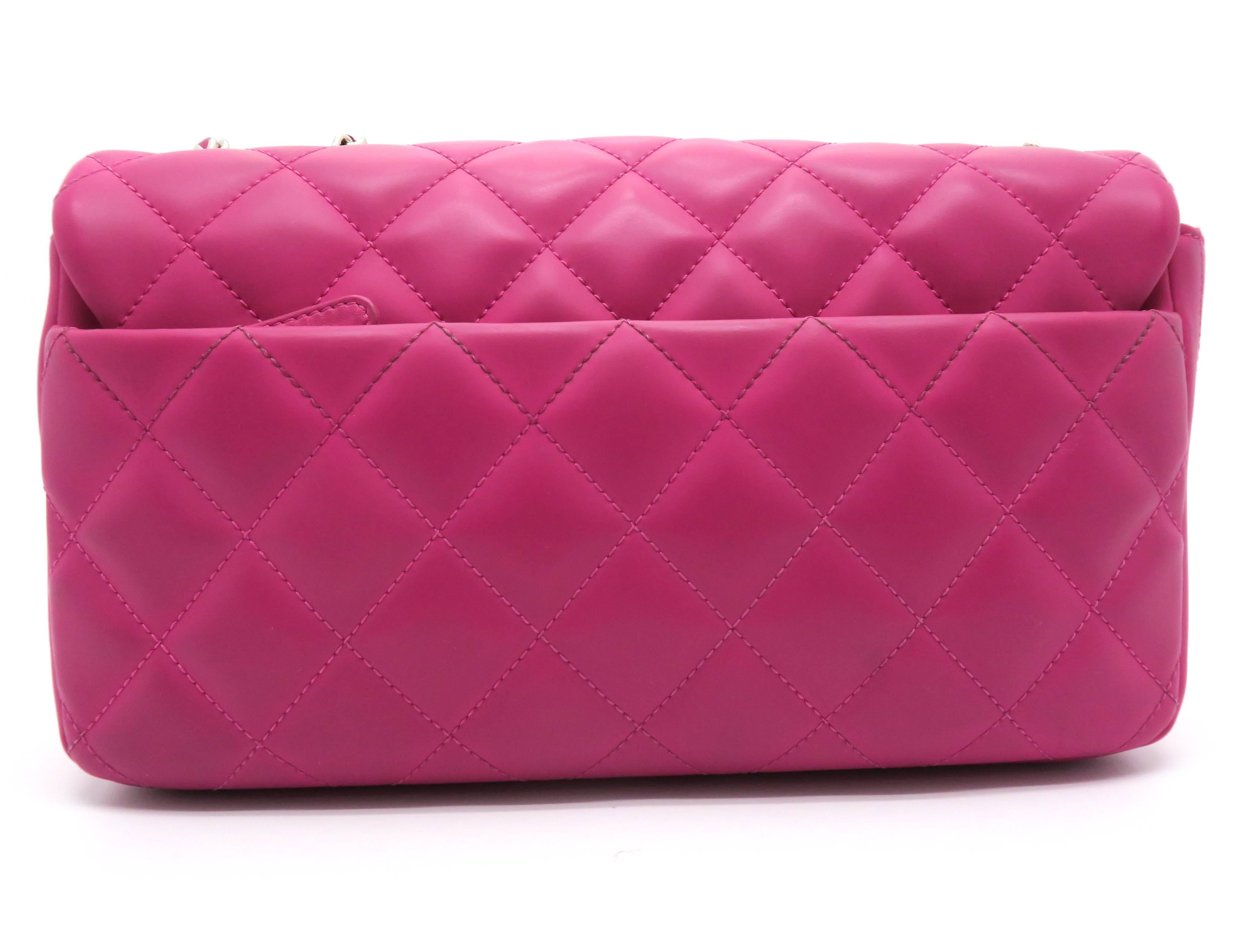 Chanel Deep Pink Quilted Coated Leather Gold Metal Chain Shoulder Flap Bag In Excellent Condition For Sale In Kowloon, HK