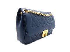 Chanel Blue Quilted Calfskin Leather Gold Metal Chain Shoulder Flap Bag