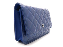 Chanel Wallet On Chain Blue Quilted Patent Leather Silver Metal Crossbody Bag