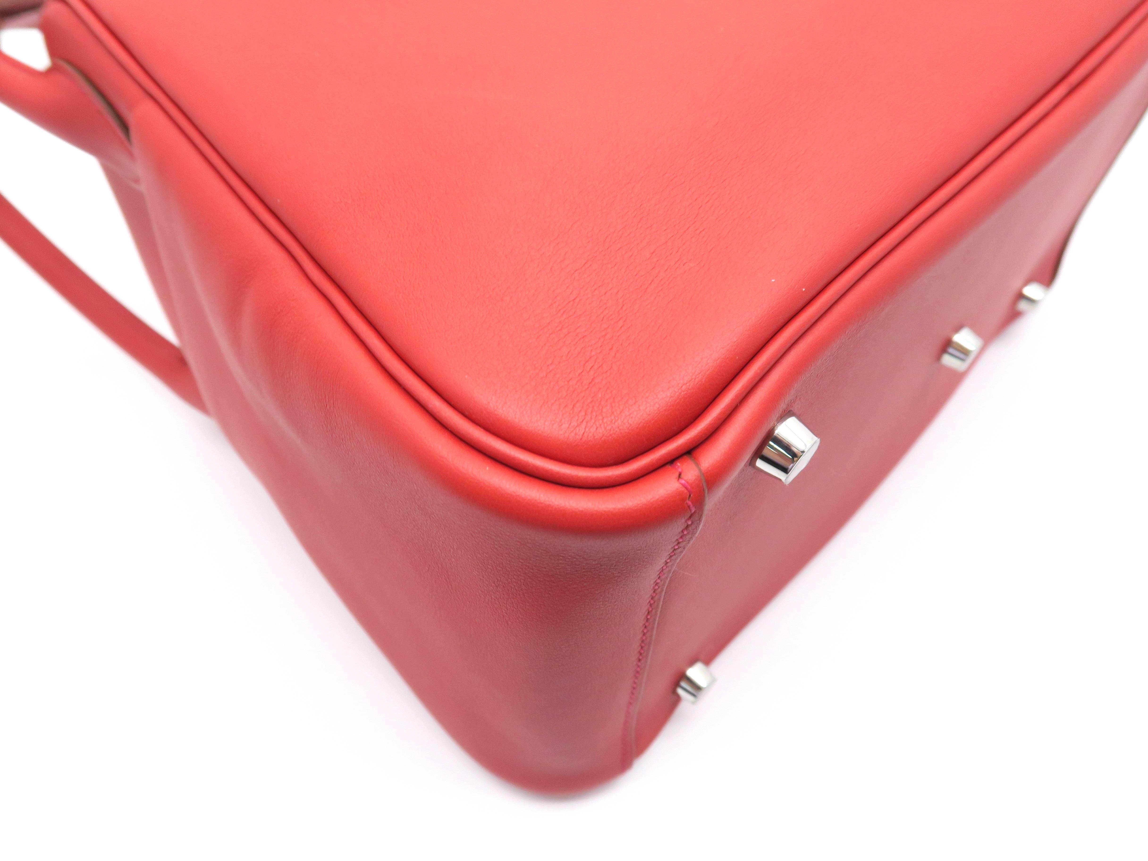 Hermes Lindy 30 Vermillon/ Red Swift Leather Satchel Bag 6