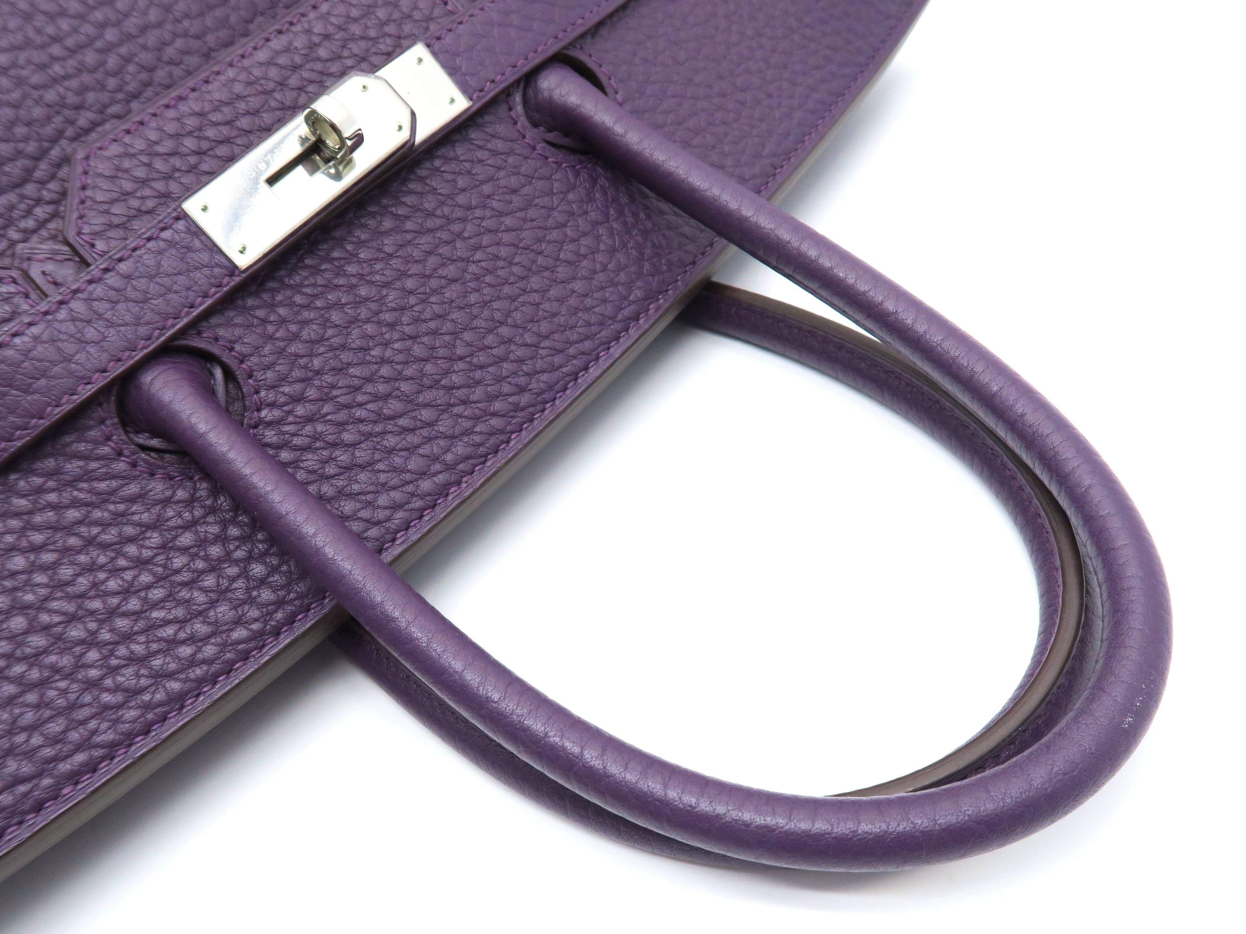 Hermes Birkin 35 Purple / Cassis Fjord Leather SHW Handbag For Sale 3