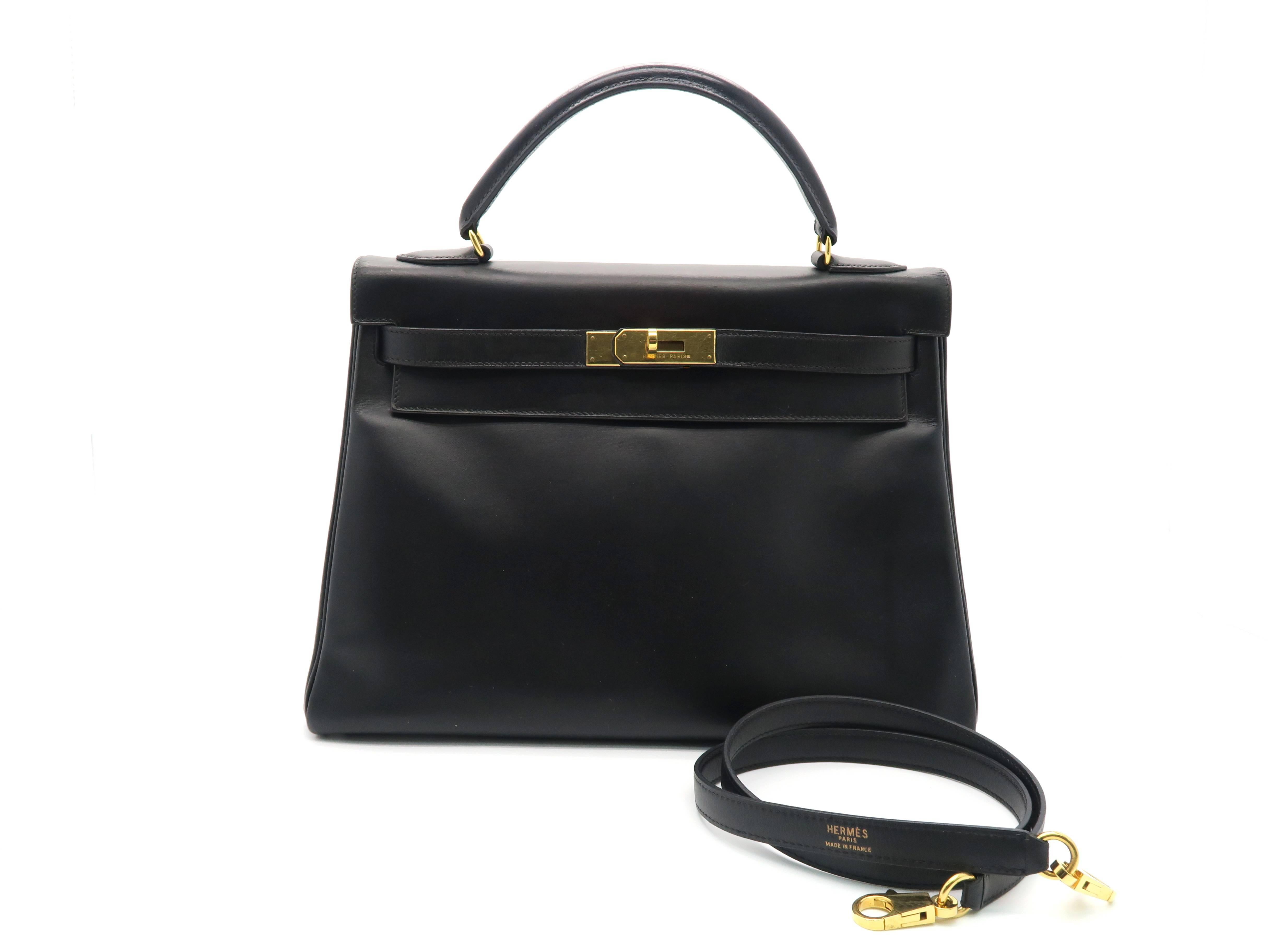 Hermes Kelly 32 Noir Box Calf Leather GHW Top Handle Bag 2