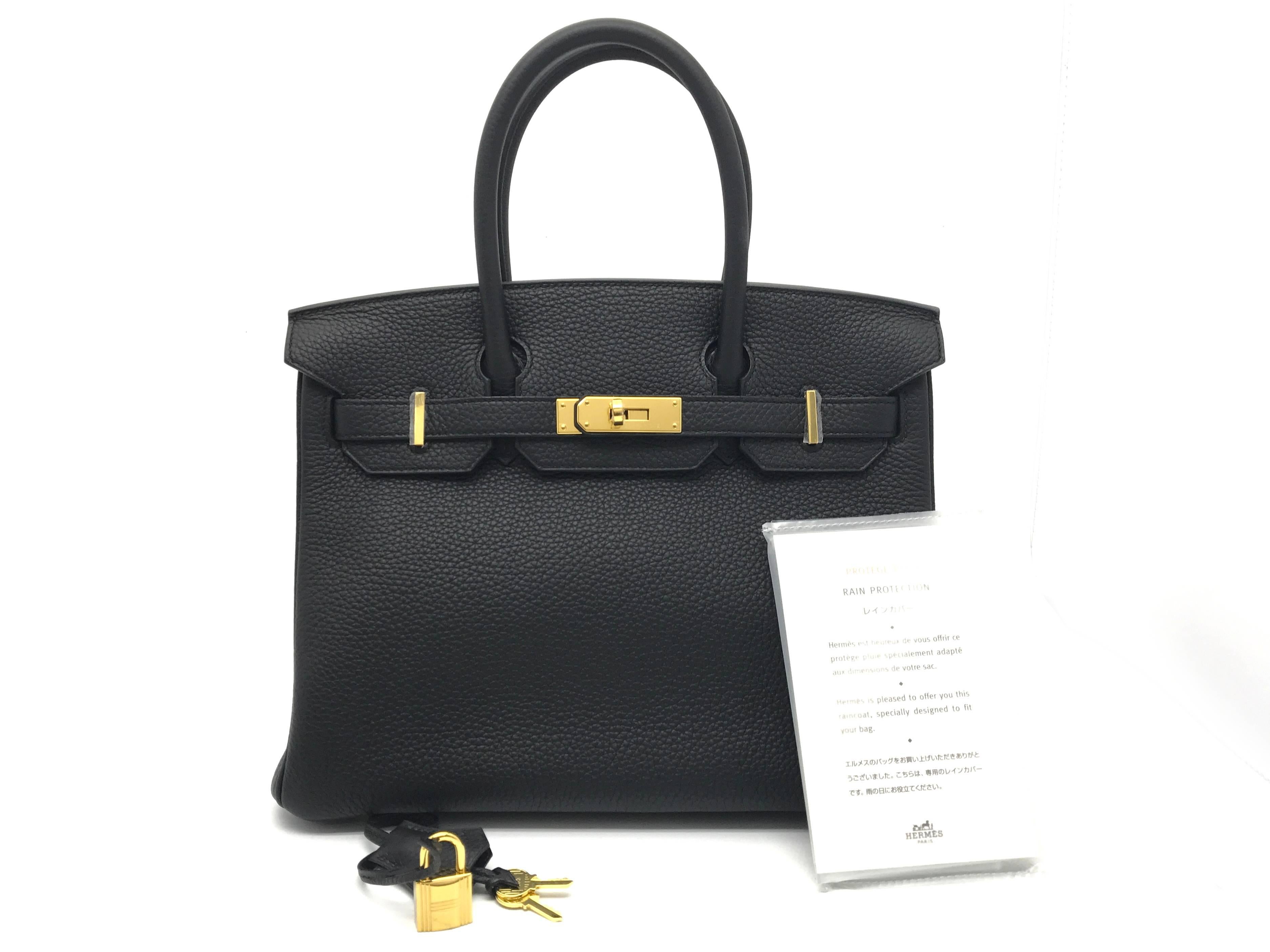 Hermes Birkin 30 Noir Taurillon Clemence Leather Gold Metal Top Handle Bag For Sale 1