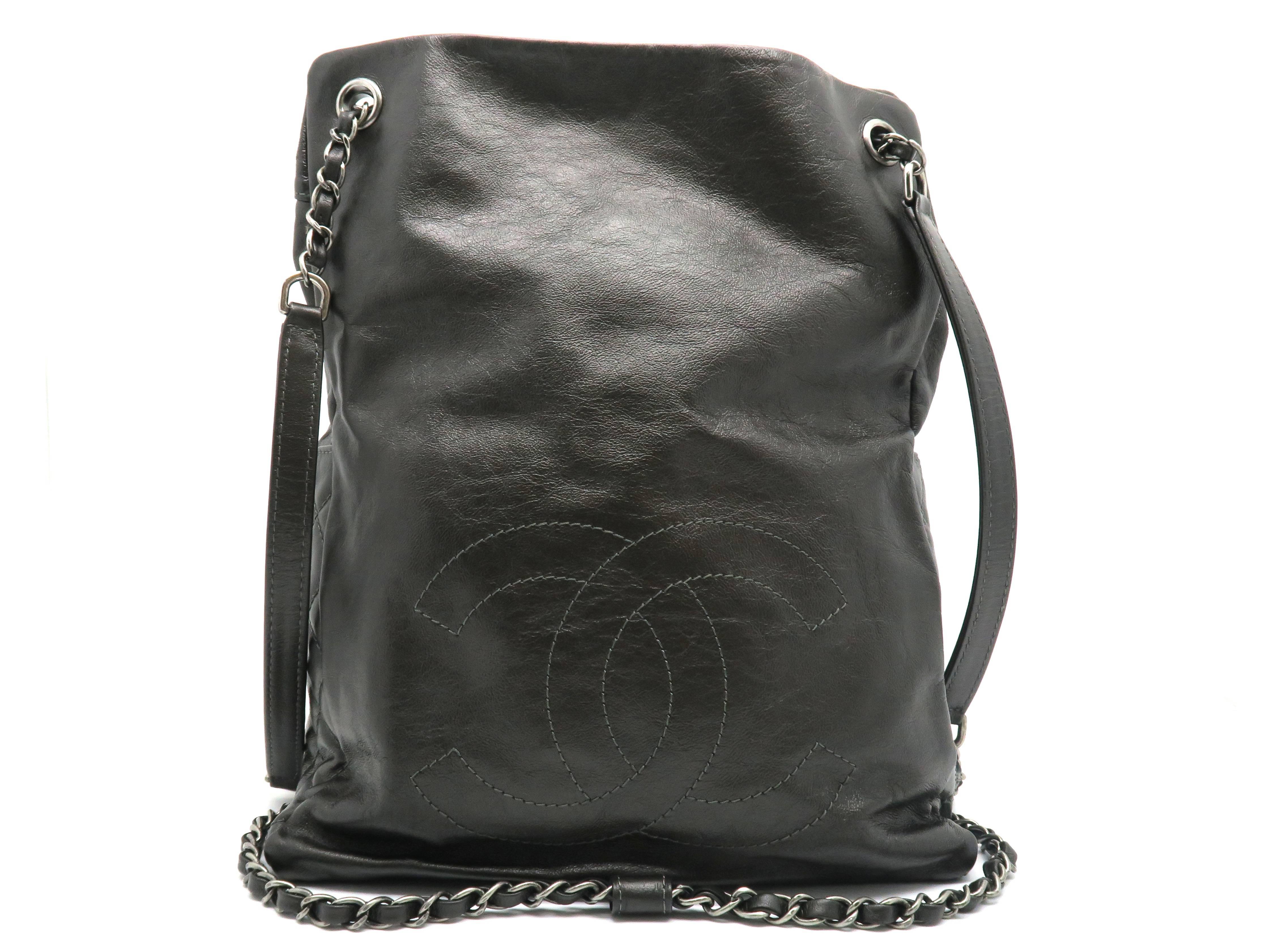 Black Chanel Dark Green Calfskin Leather Backpack