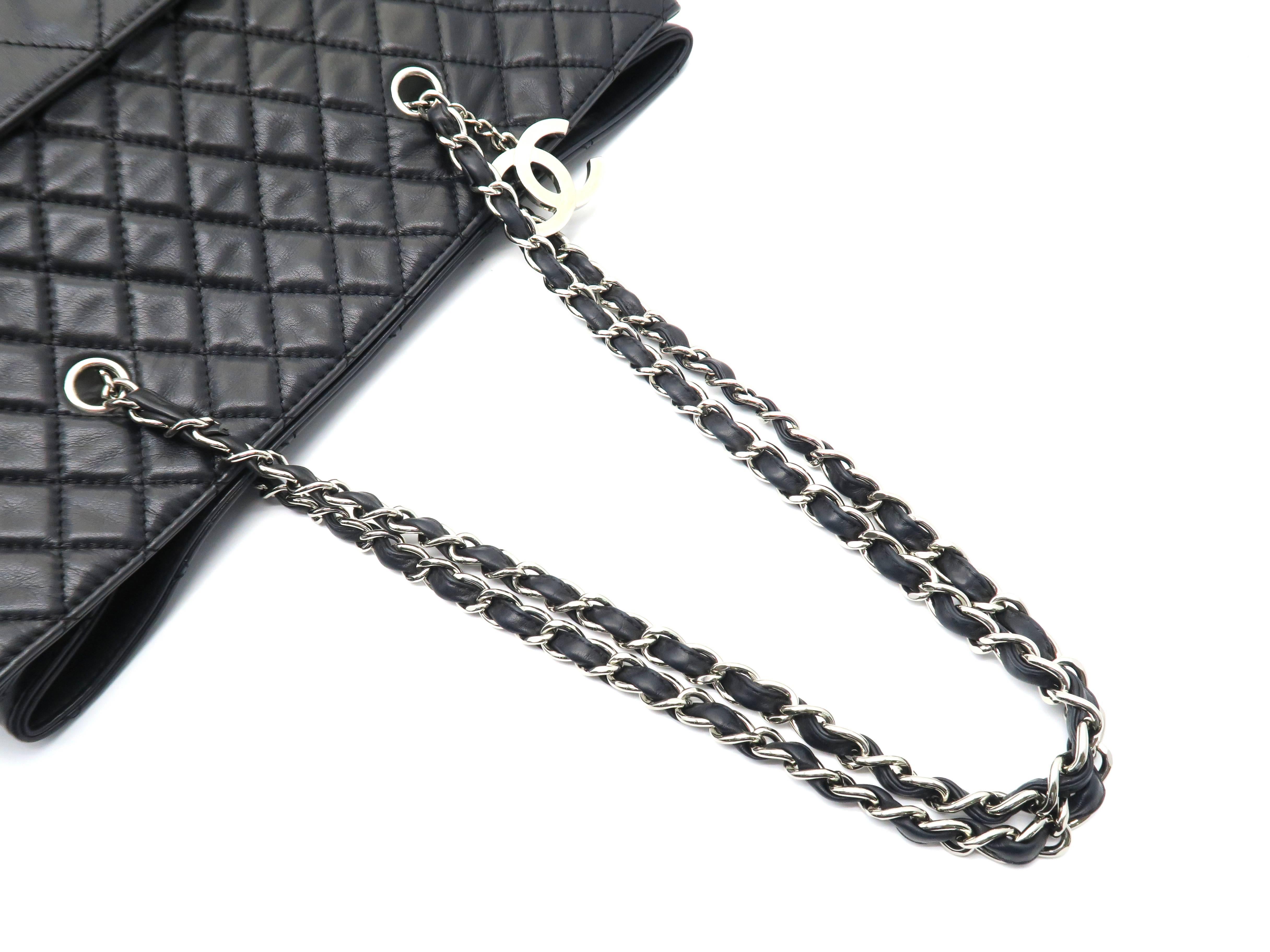 Chanel Black Quilted Lambskin Leather Silver Metal Chain Tote Bag 2