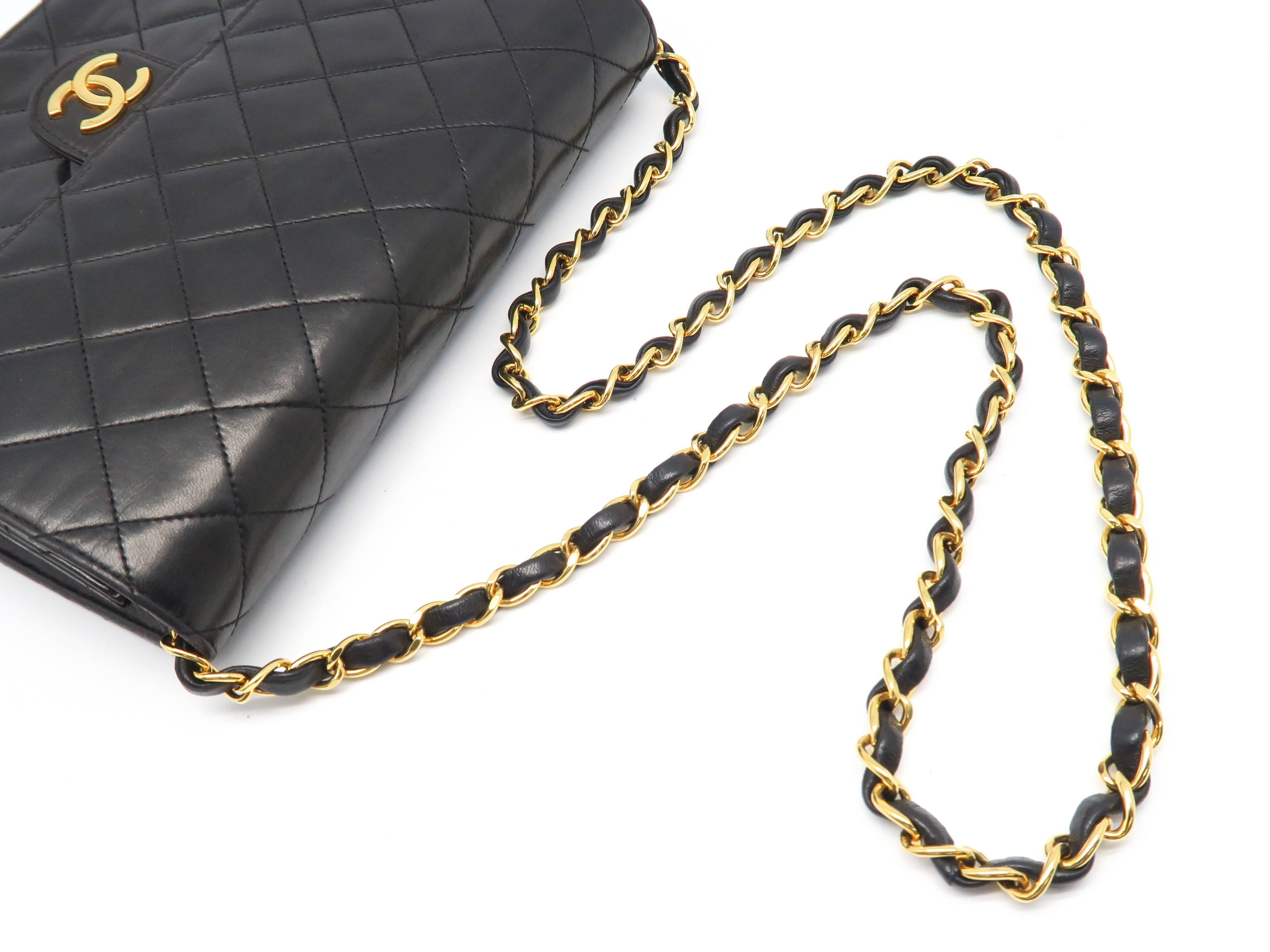 Chanel Black Quilted Lambskin Leather Vintage Gold Metal Chain Shoulder Bag 2