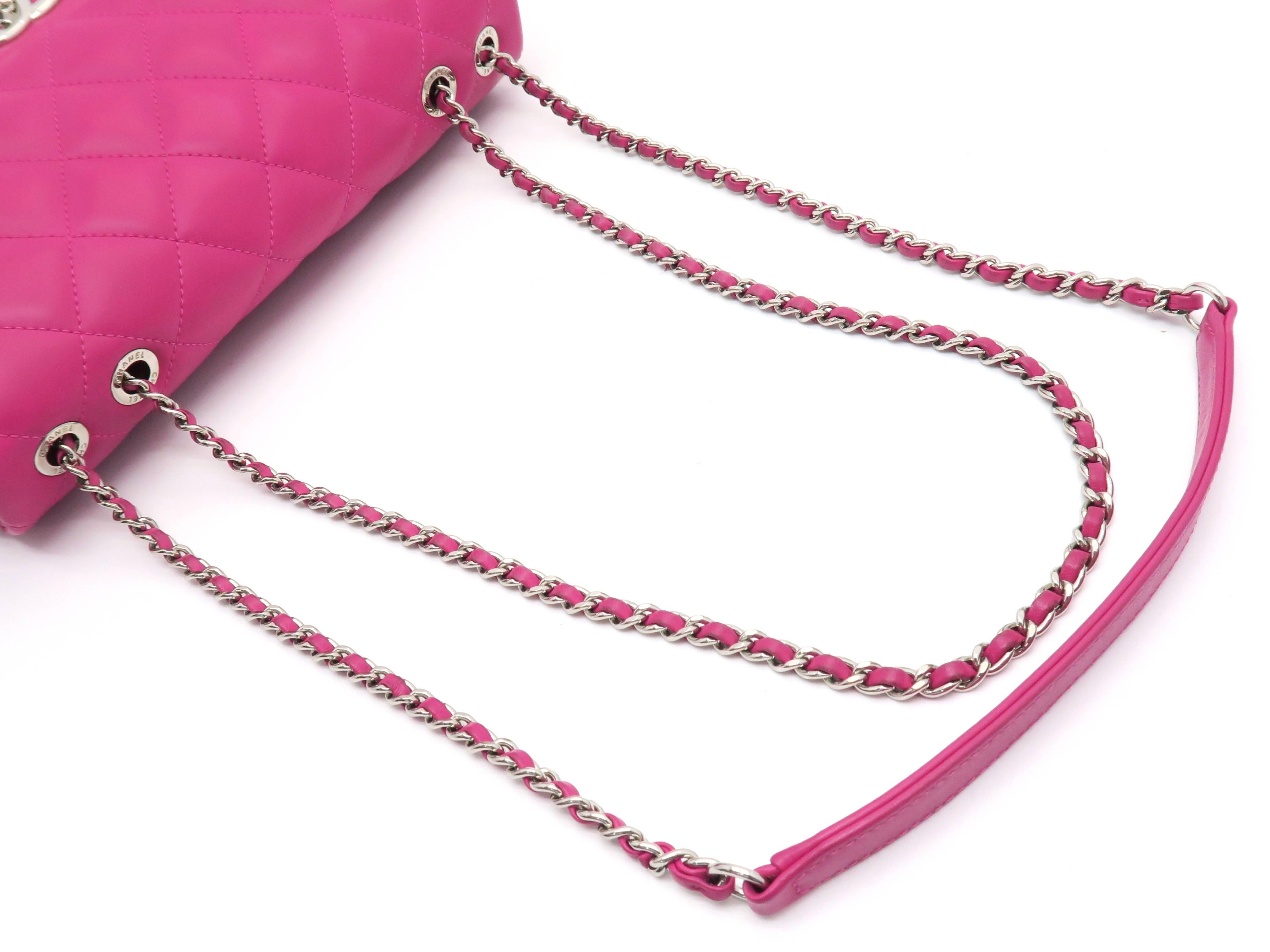 Chanel Deep Pink Quilted Coated Leather Gold Metal Chain Shoulder Flap Bag For Sale 4