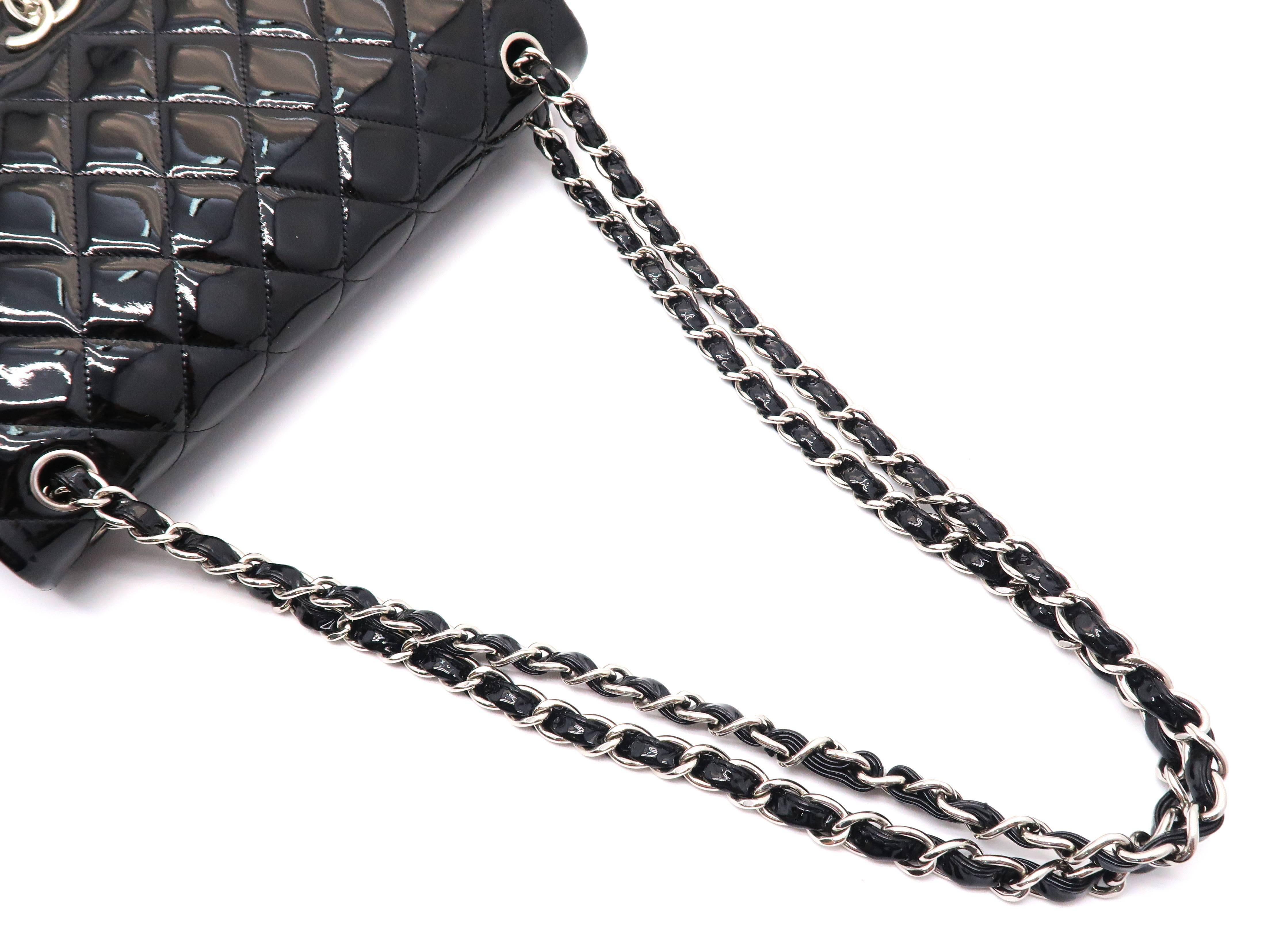 Chanel Black Quilted Patent Leather Jumbo Classic Double Flap Chain Shoulder Bag For Sale 2