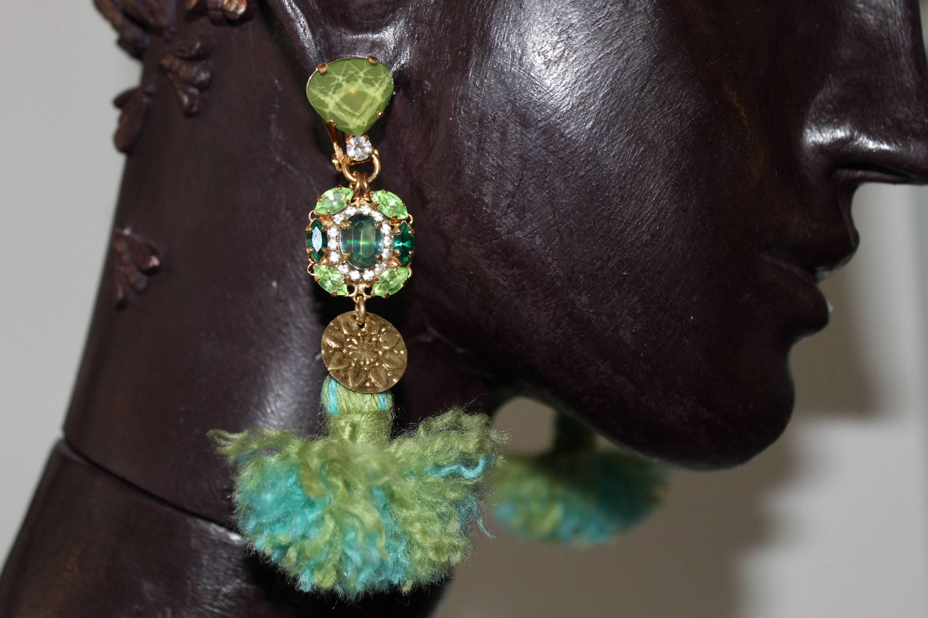 Green Tassel Gold-plated Drop Earrings 1