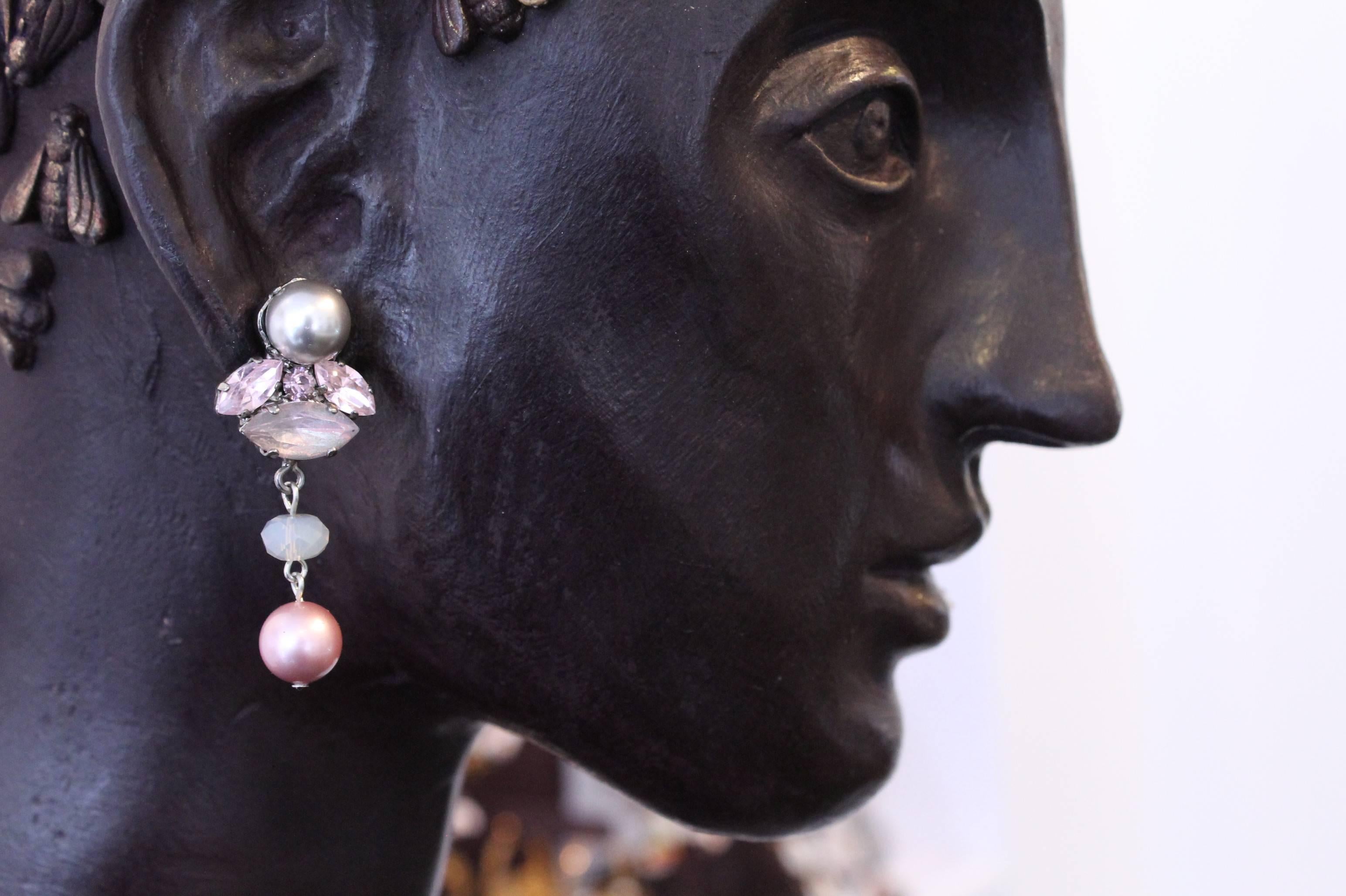 Silver and Pink Swarovski Crystal Pearl Statement Earrings In New Condition In LONDON, GB