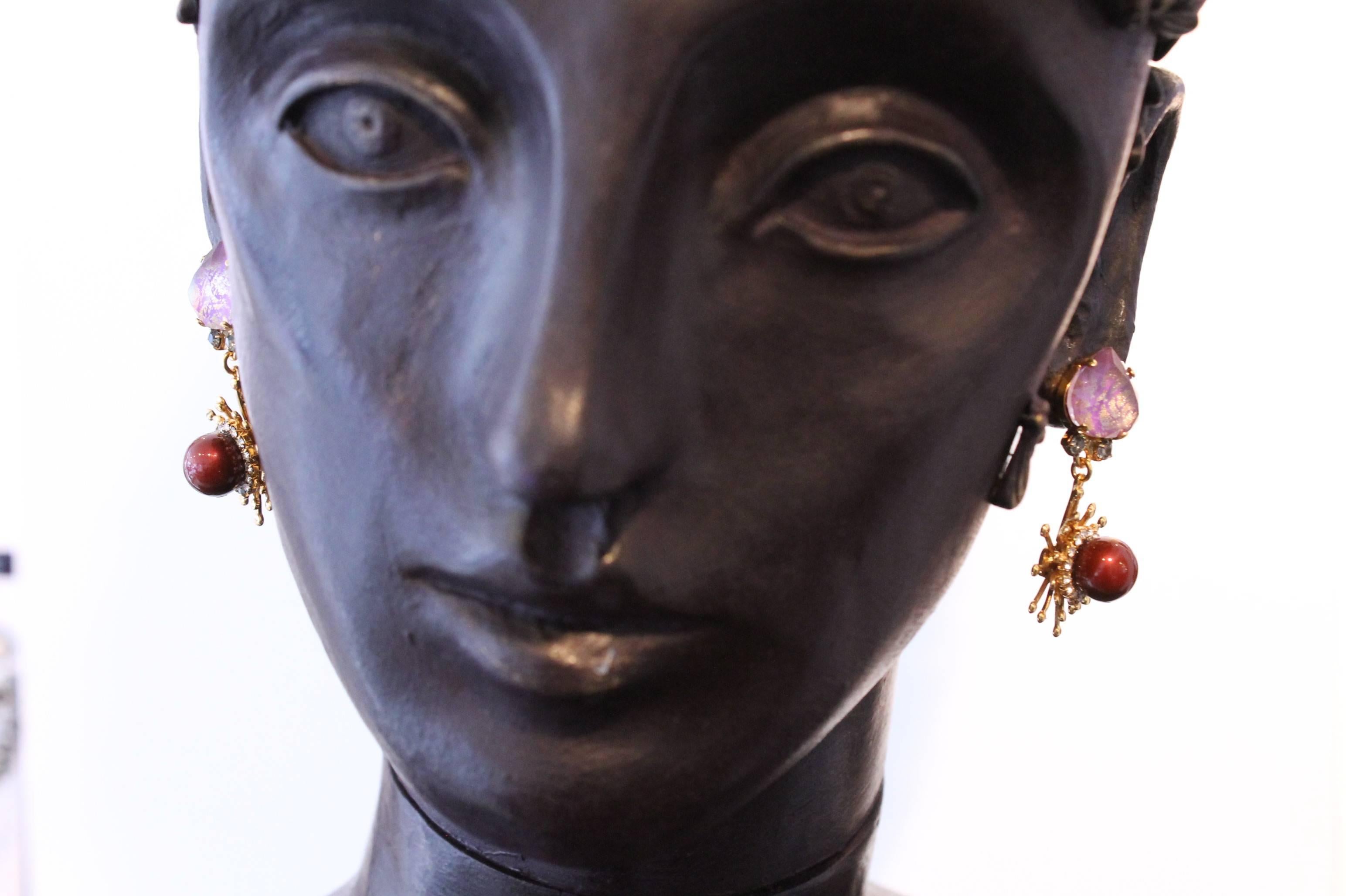 Modern Lilac and Gold Swarovski Crystal Pearl Drop Earrings