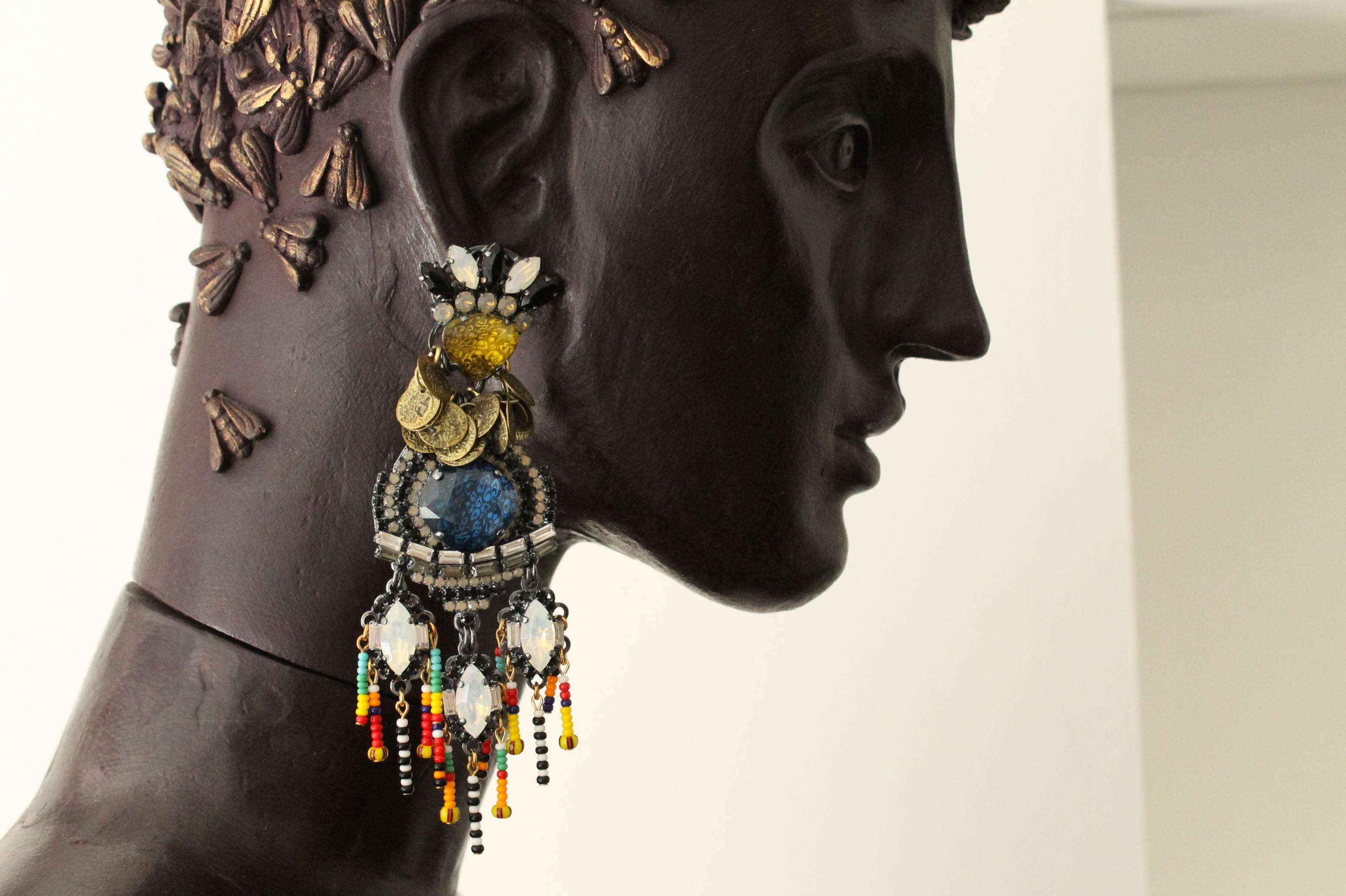 21st Century Modern Swarovski, Coins and Beaded Statement Earrings by VICKISARGE In New Condition In LONDON, GB
