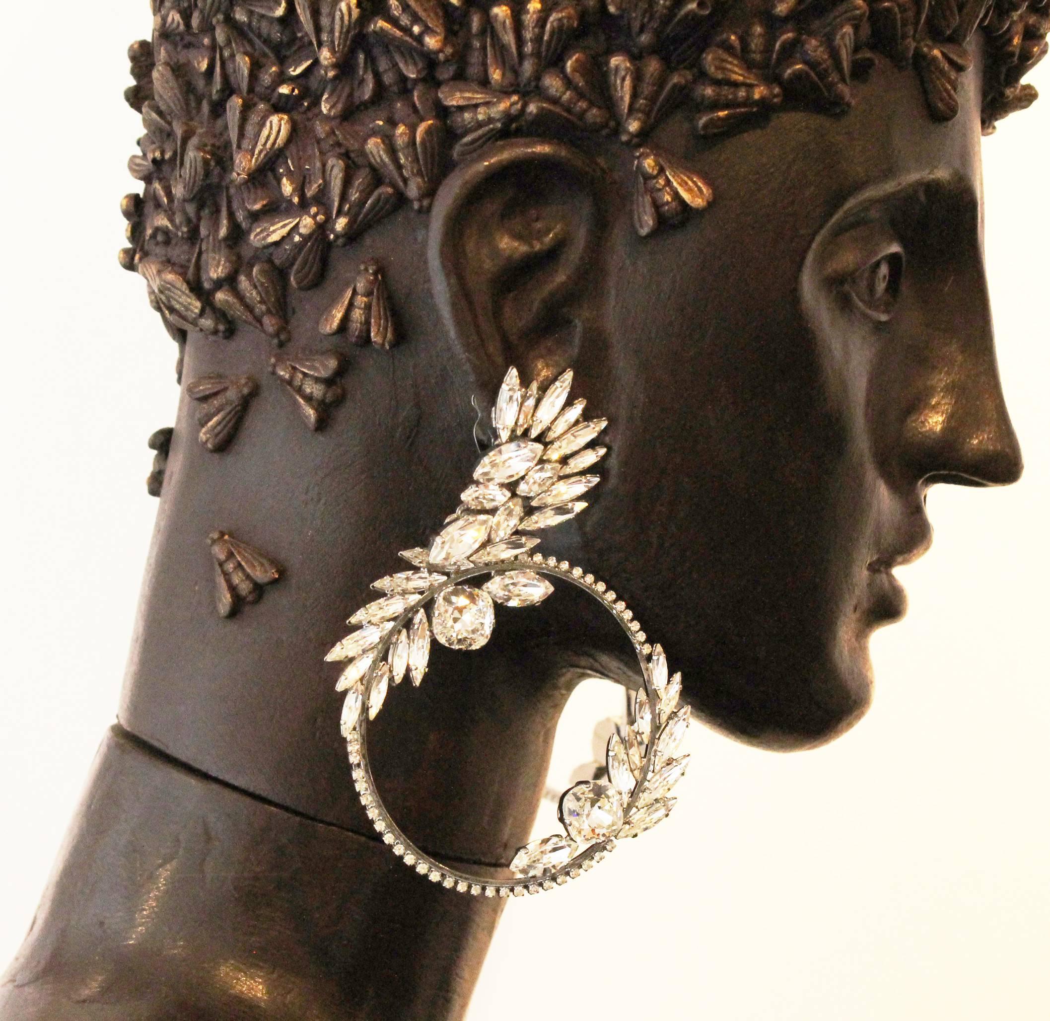 Women's Statement Clear Swarovski Crystal Feather Wing Hoop Earrings