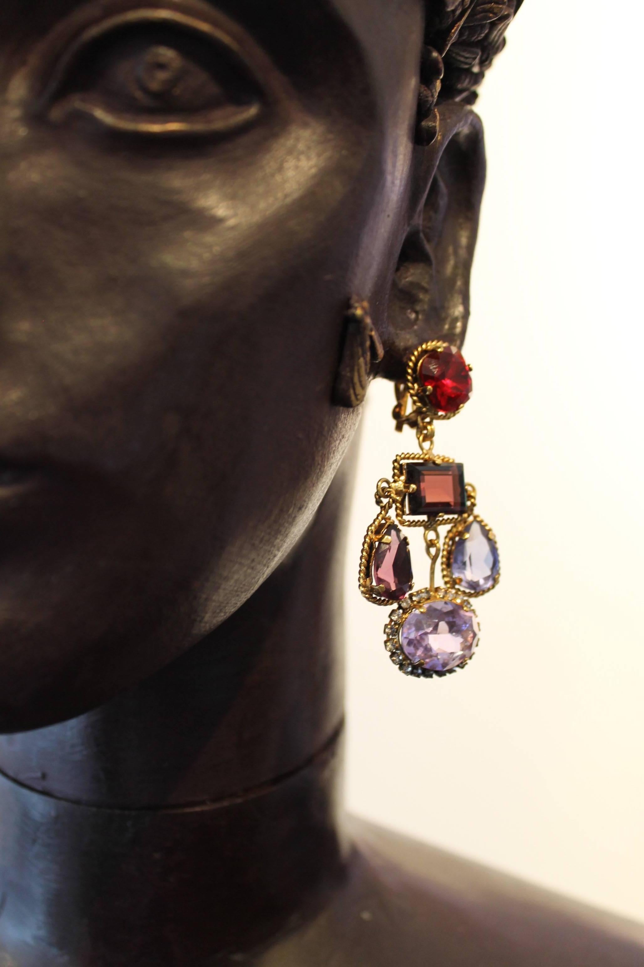 Women's Multi-drop Red, Purple and Lilac Modern Earrings For Sale