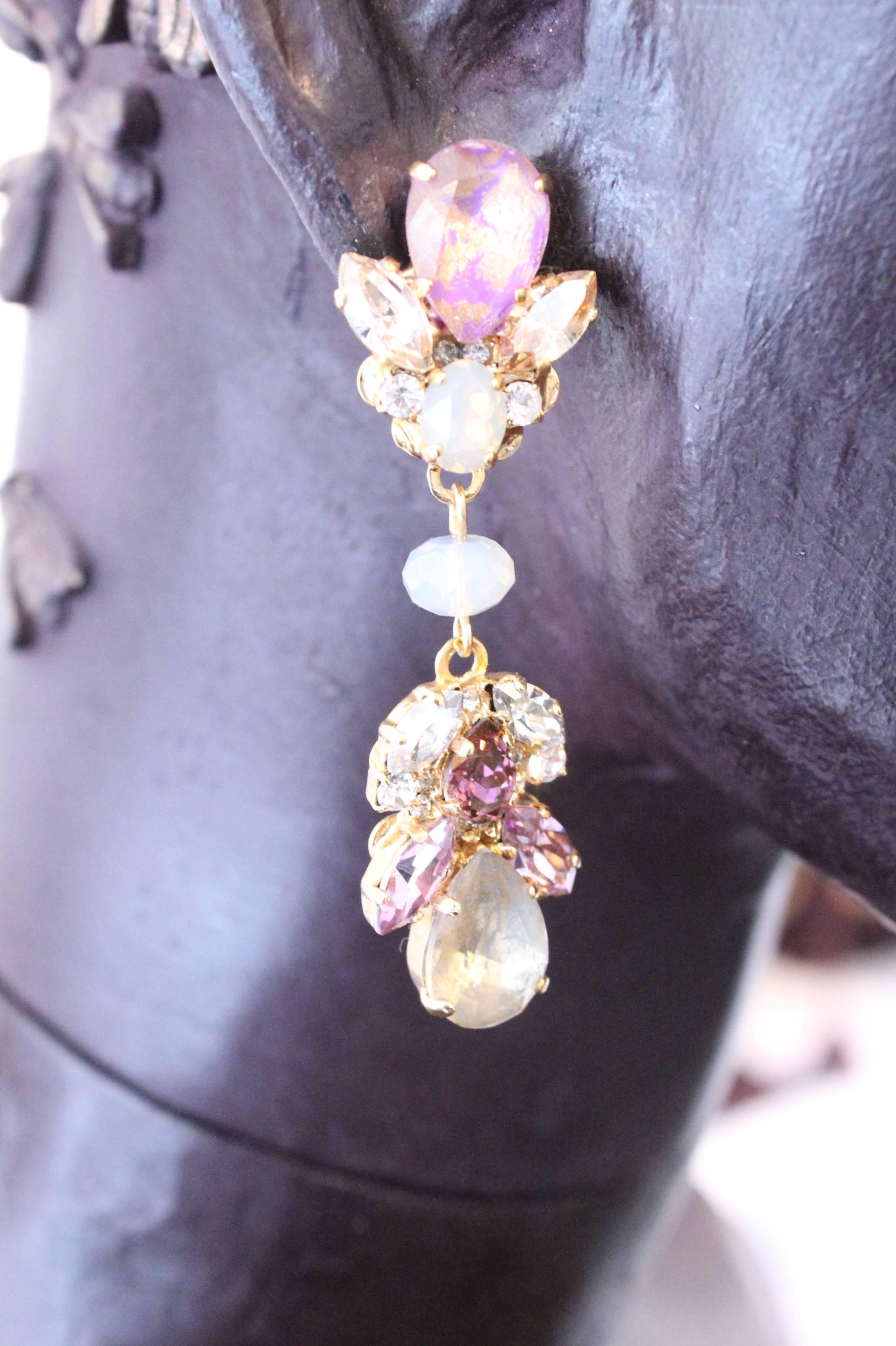 Purple, Gold and Opal Swarovski Crystal Chandelier Earrings In New Condition In LONDON, GB