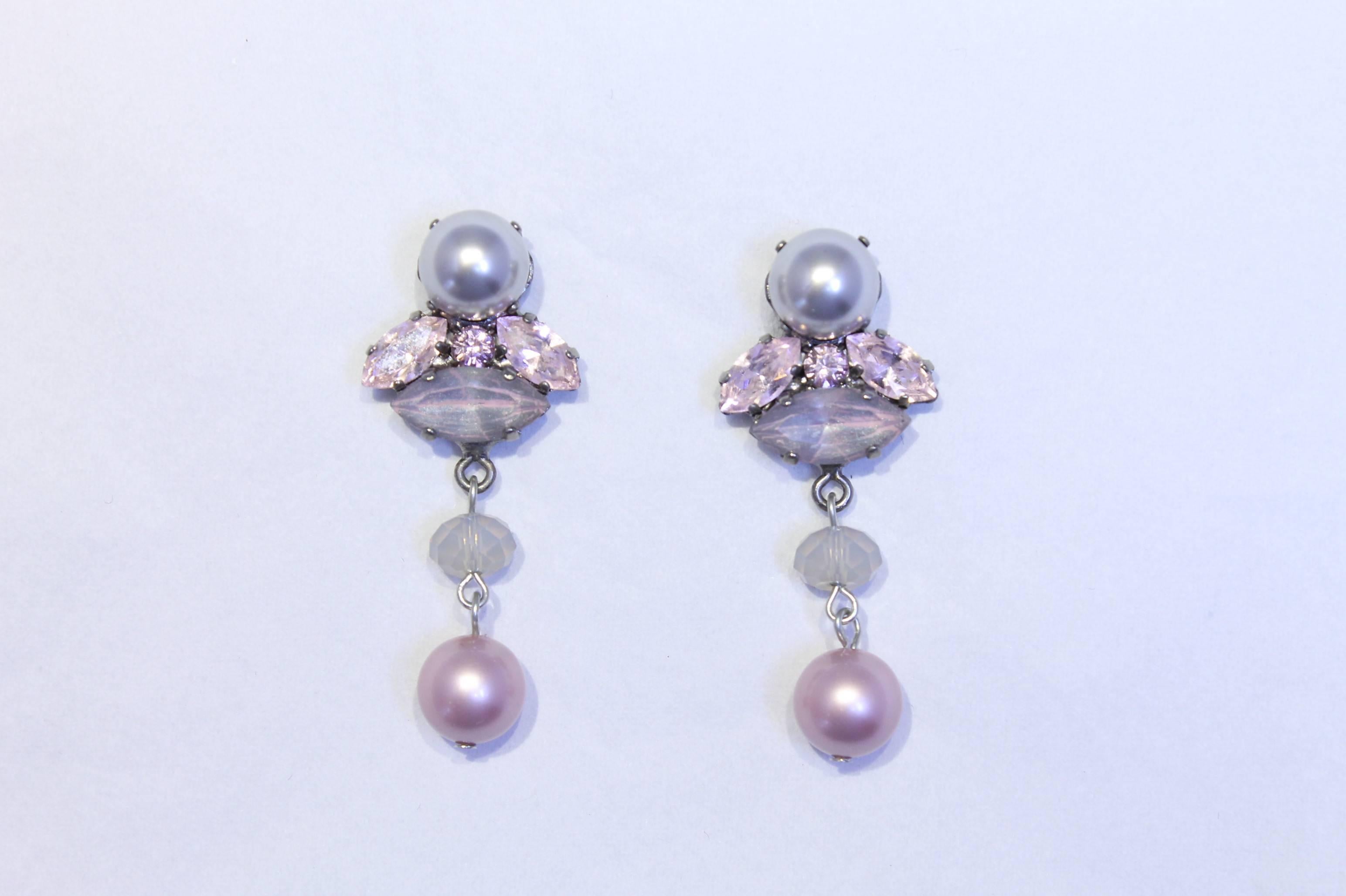 Magical pale pink, opalescent, silver and lilac statement, but delicate and feminine, drop earrings. These gorgeous earrings feature  both pink and silver Swarovski pearls and also hand-enamelled lilac and silver Swarovski crystals, making each one