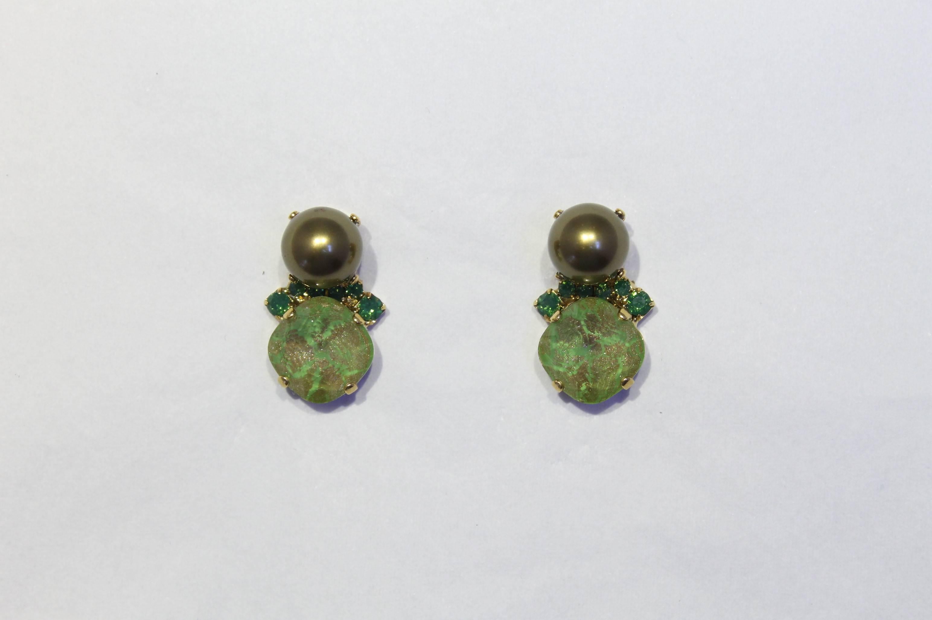 Modern Green and Gold Swarovski Crystal and Pearl Stud Earrings