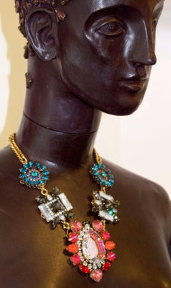 Stunning Peacock Blue, Grey and Shocking Pink Swarovski Crystal Necklace