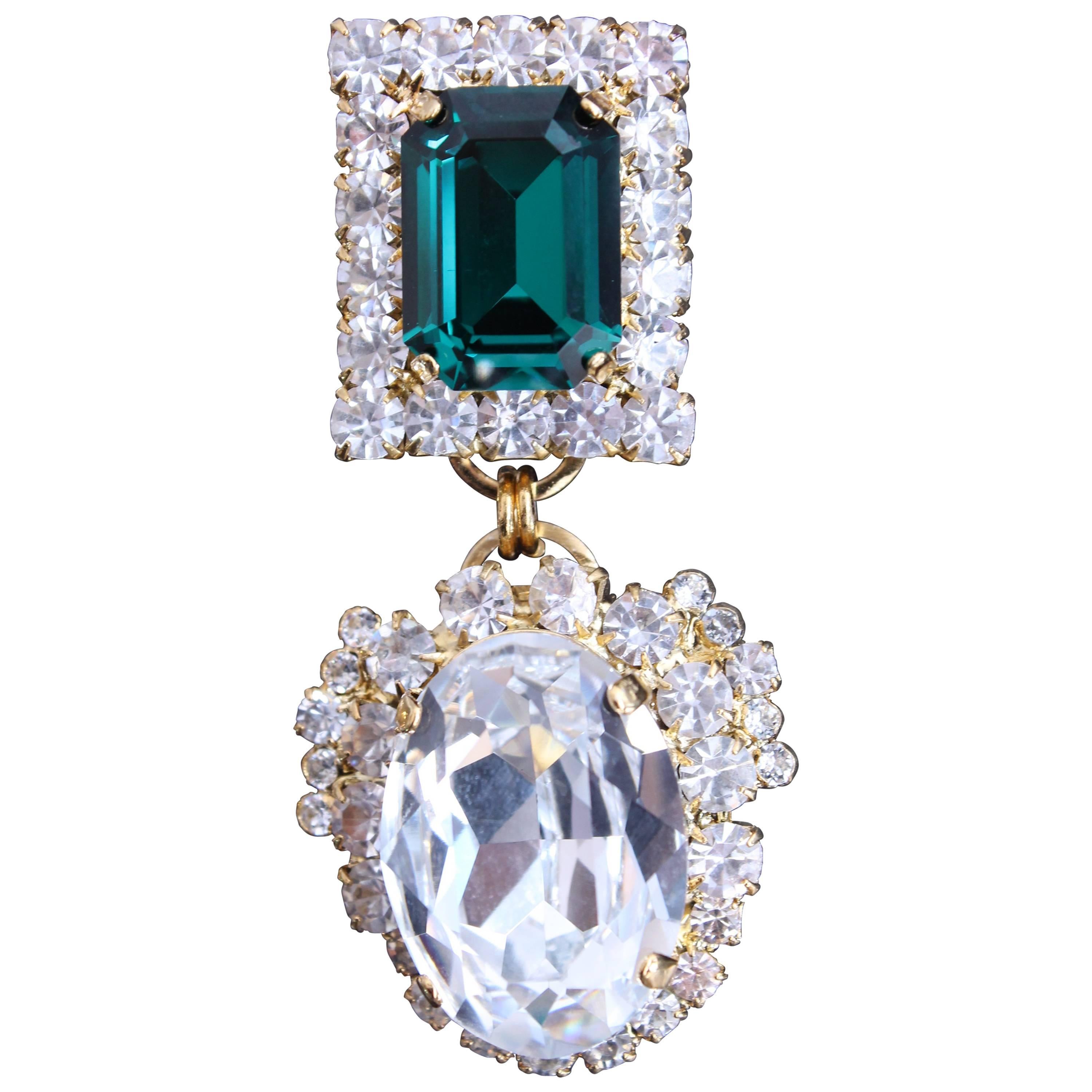 Space Victoriana Swarovski Crystal Emerald Green Asymmetrical Drop Earrings For Sale