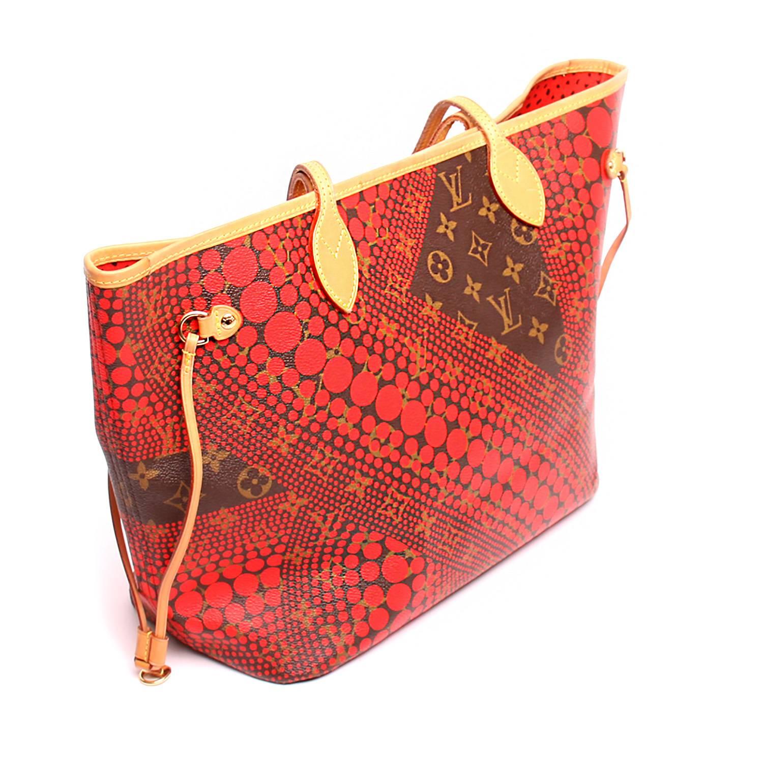 This beauty is from Louis Vuitton's Yayoi Kusama Collection, crafted with vibrant red wave dots above the traditional LV monogram design, vachetta leather trim, straps and drawstrings, accented with gold-tone hardware. Interior features a convenient