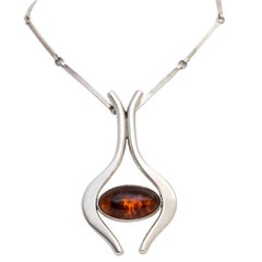 Scandinavian Modern Sterling Silver & Amber Necklace by Niels Erik From, Denmark