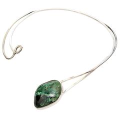 Scandinavian Modern Sterling Silver necklace by Issac Cohen with green stone.