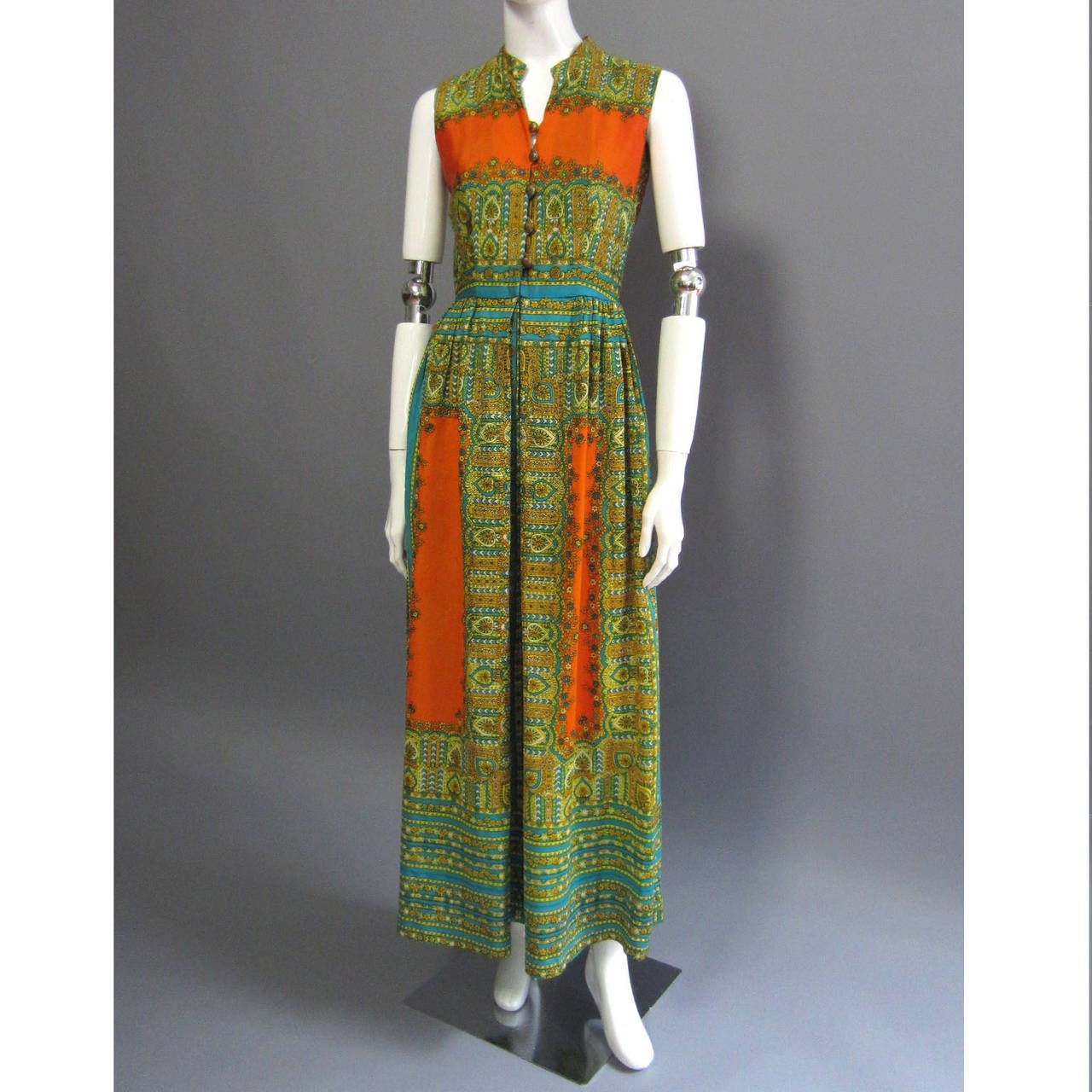Brown 1970s TONI TODD Printed Boho Maxi Dress For Sale