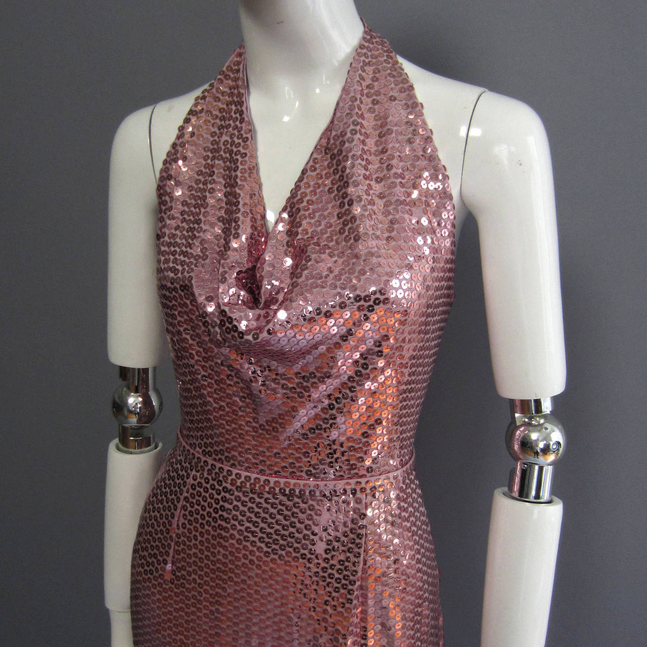 LILLIE RUBIN Pink Sequin Disco Halter Gown