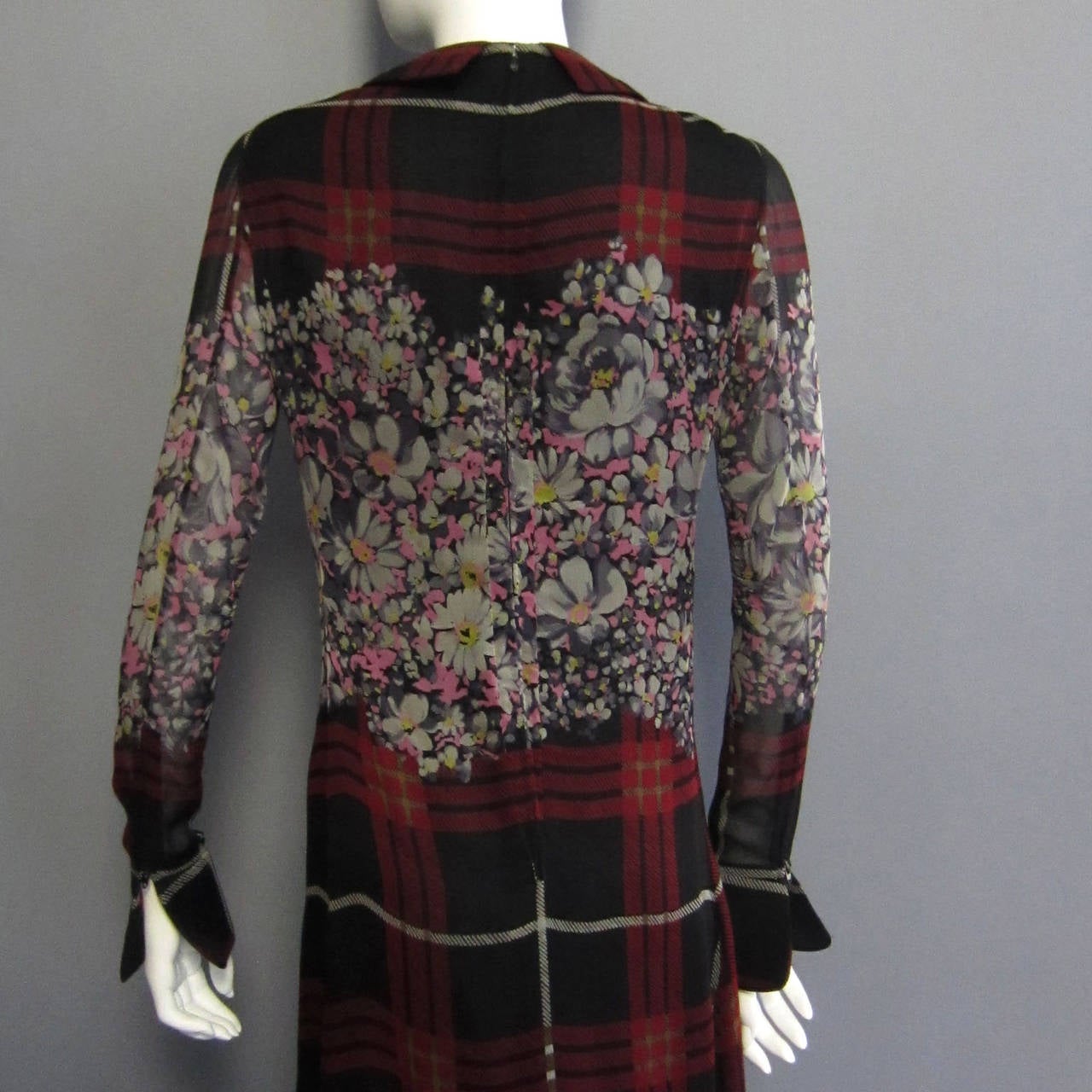 JAMES GALANOS Plaid & Floral Print Silk Chiffon Maxi Dress 3