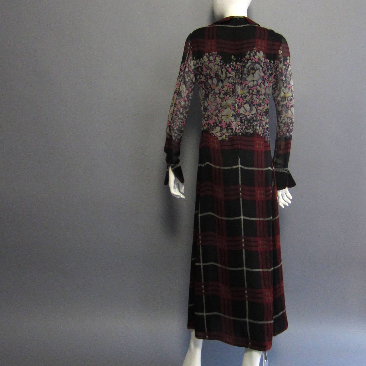 JAMES GALANOS Plaid & Floral Print Silk Chiffon Maxi Dress 2