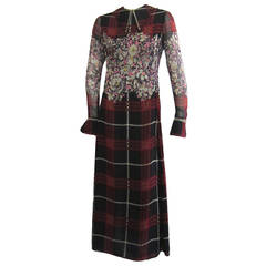JAMES GALANOS Plaid & Floral Print Silk Chiffon Maxi Dress