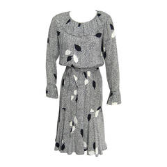 YVES SAINT LAURENT Leaf Print Dress with Ruffle Detail