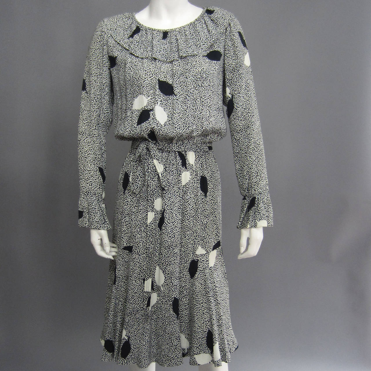Gray YVES SAINT LAURENT Leaf Print Dress with Ruffle Detail