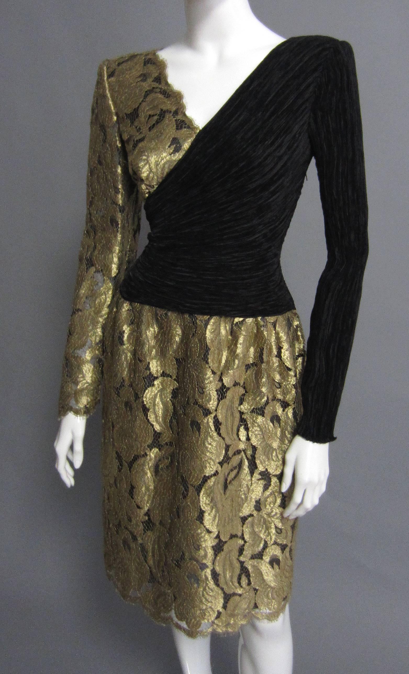 MARY MCFADDEN Gold Lace and Black Silk Cocktail Dress In Excellent Condition For Sale In New York, NY